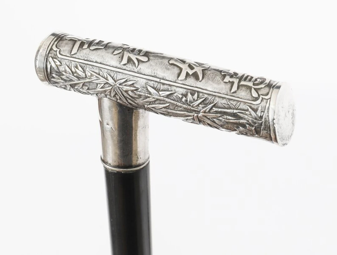 Antique Chinese Silver Walking Stick Cane with Prunus Blossom Handle C1870