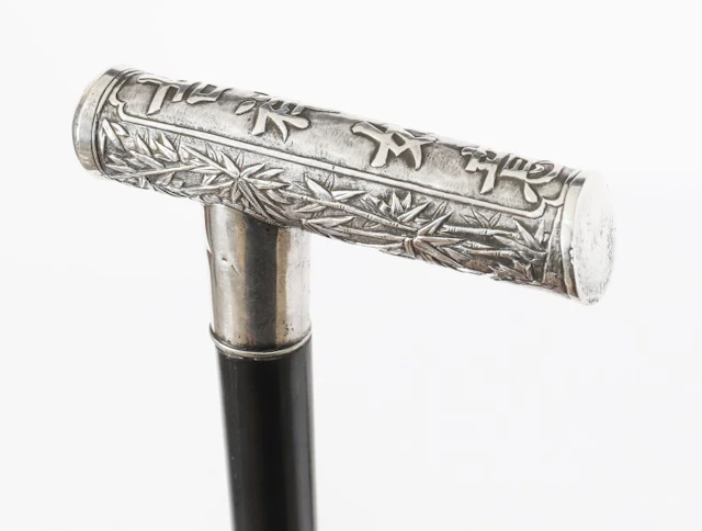 Antique Chinese Silver Walking Stick Cane with Prunus Blossom Handle C1870