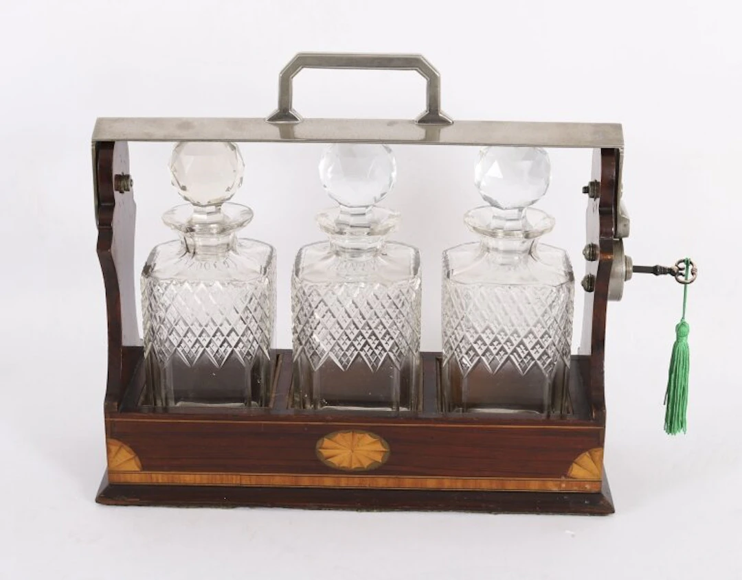 Antique Inlaid Walnut Three Cut Crystal Decanter Tantalus C1870 19th C