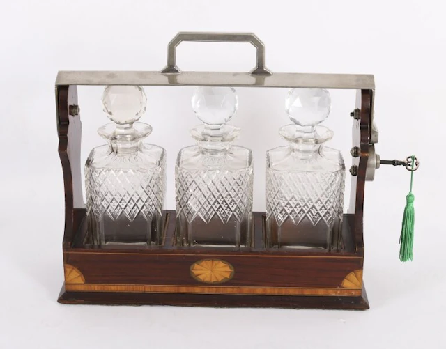 Antique Inlaid Walnut Three Cut Crystal Decanter Tantalus C1870 19th C