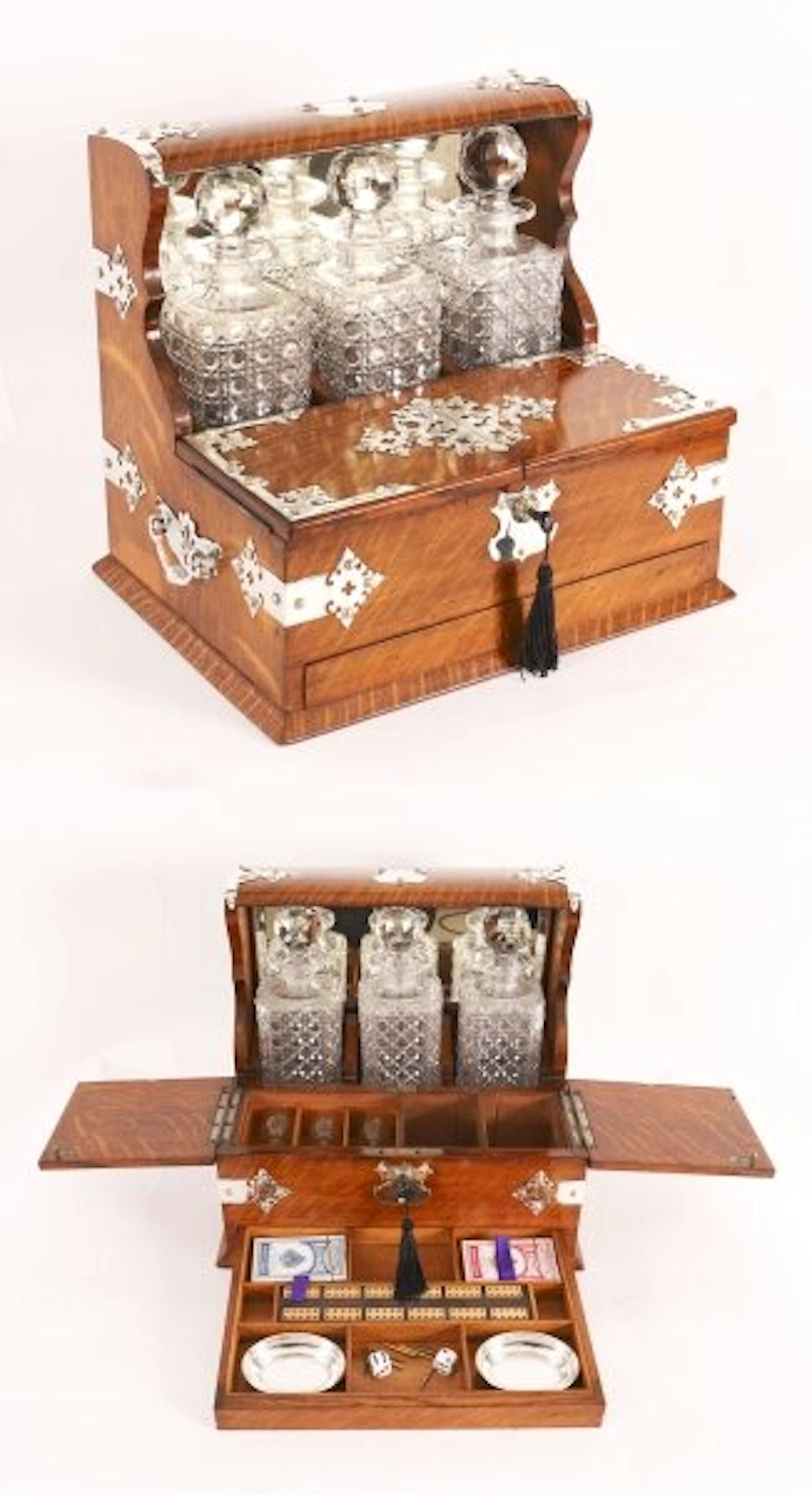 Antique Blonde Oak Tantalus 3 Decanter Dry Bar Games Compendium 19th C