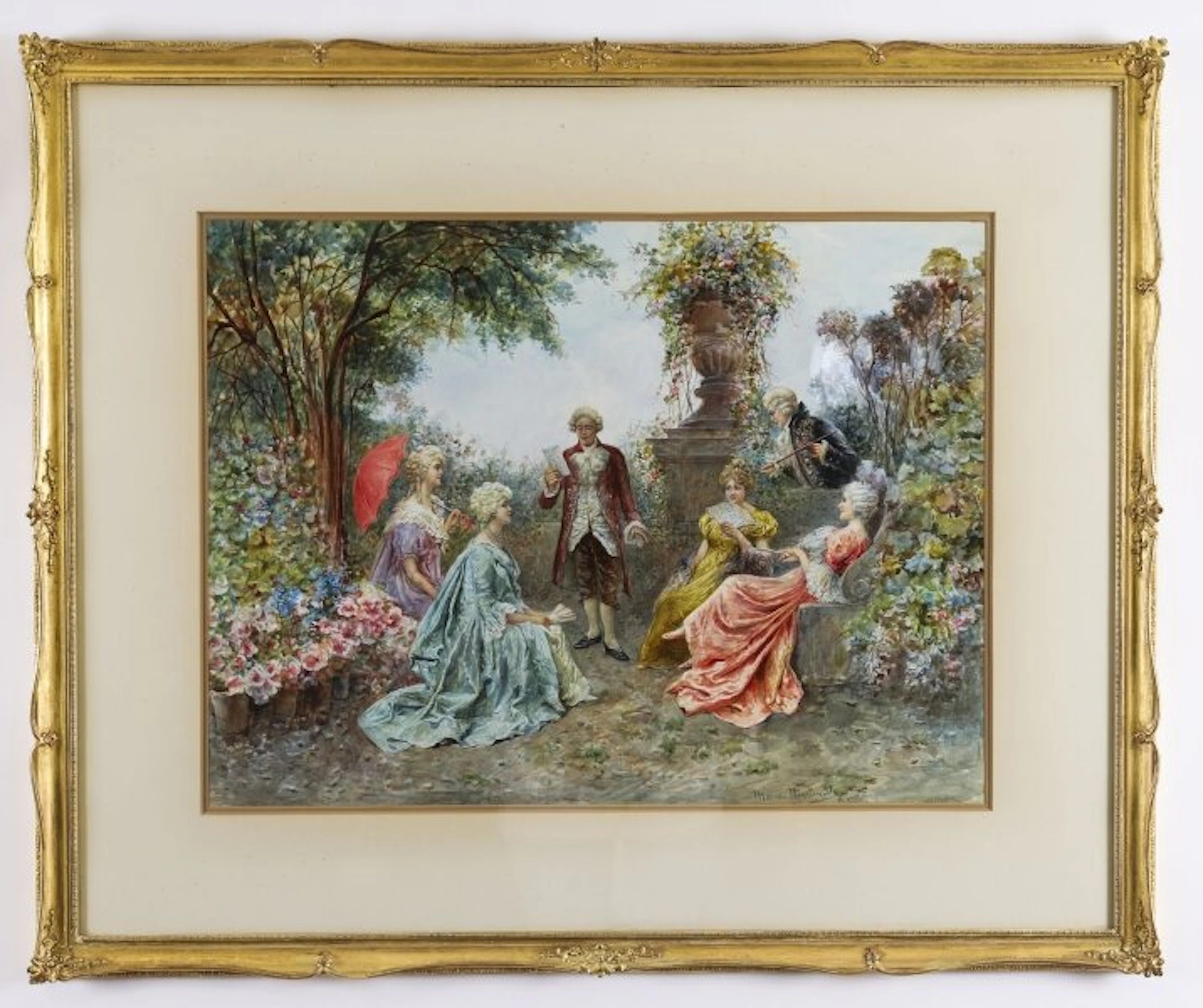 Antique Watercolour 'The Garden Music Recital' by Martinetti 19thC 83x102cm