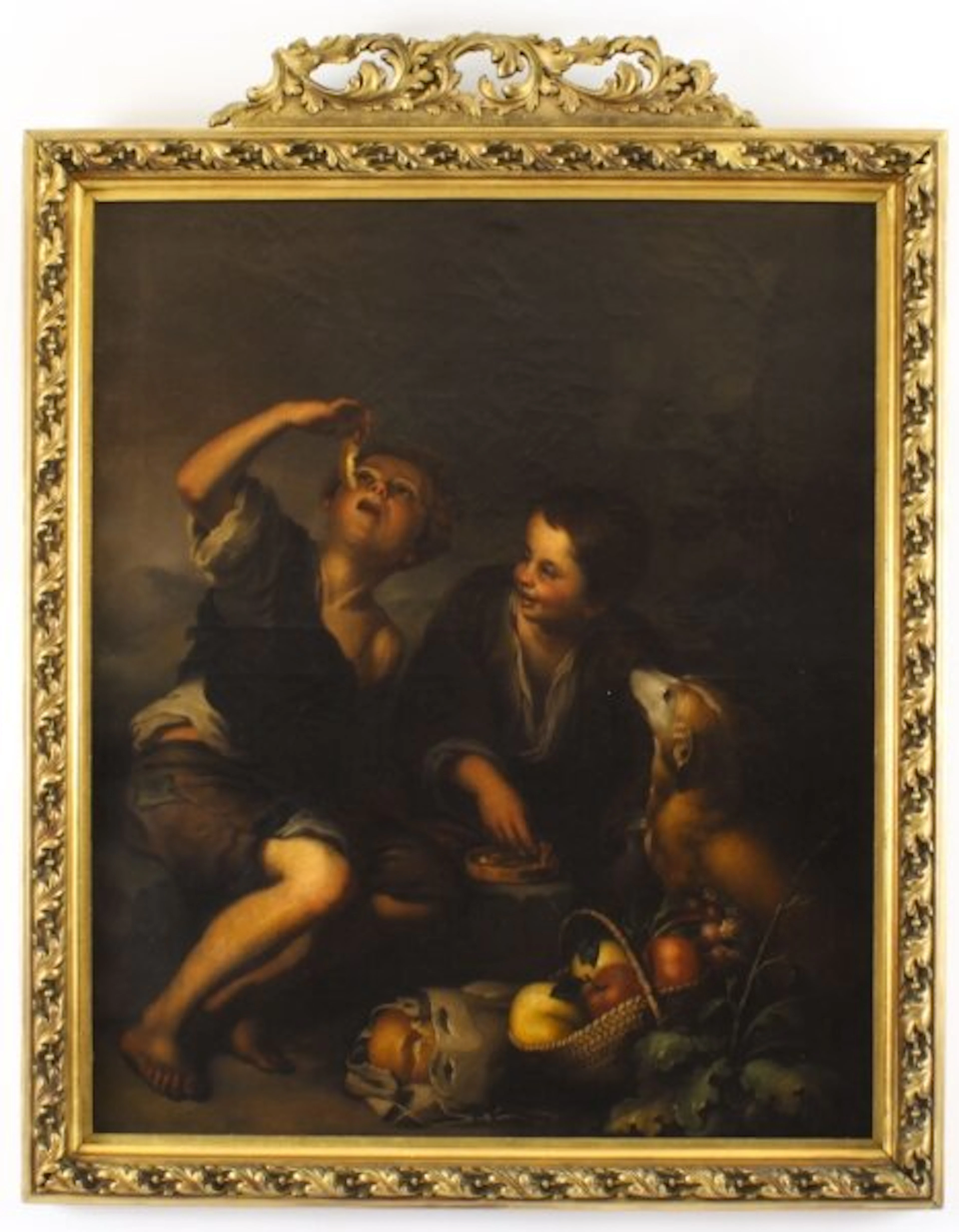 Antique Oil Painting Grape and Melon Eaters After Bartolome' Murillo 18th C