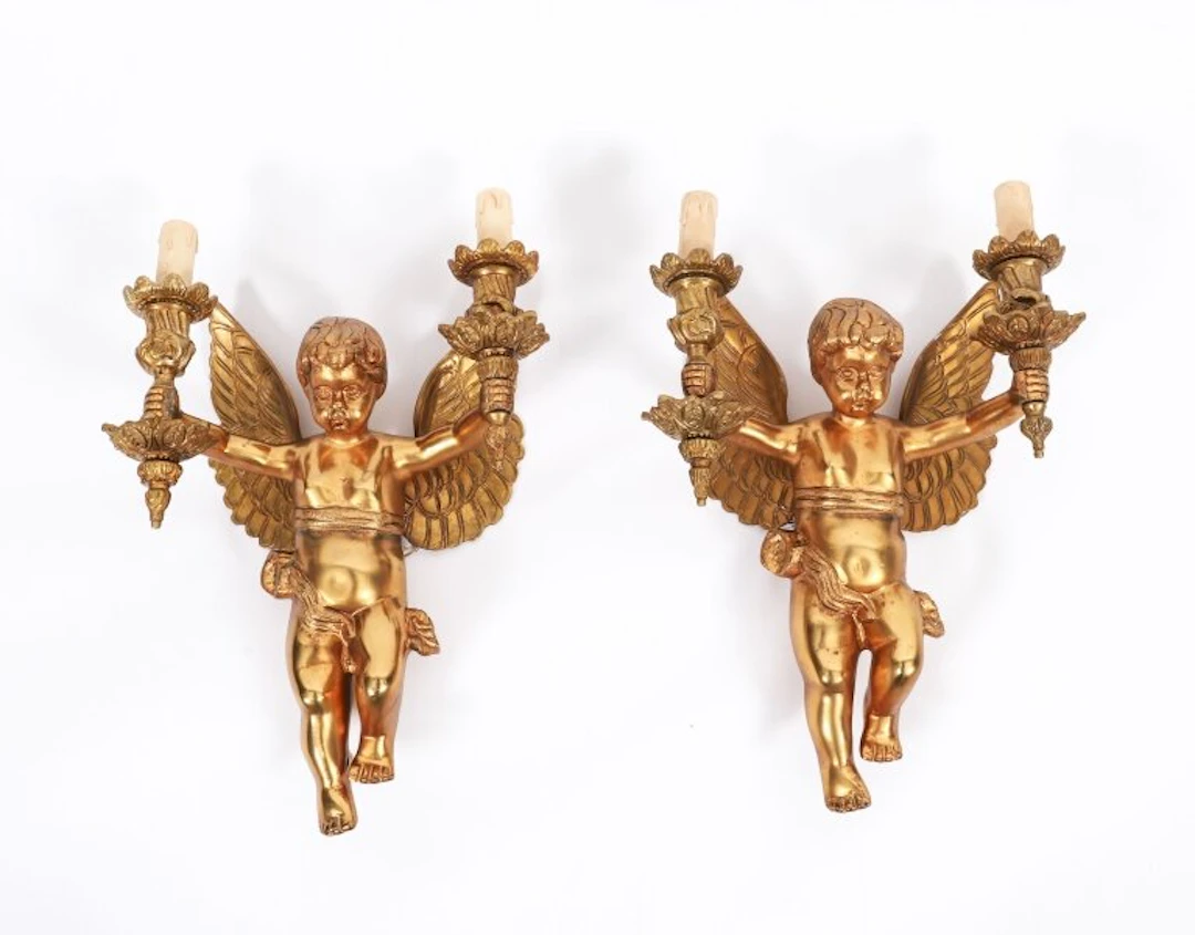Antique Pair Italian Two Branch Cherub Ormolu Wall Lights C1880 19th C