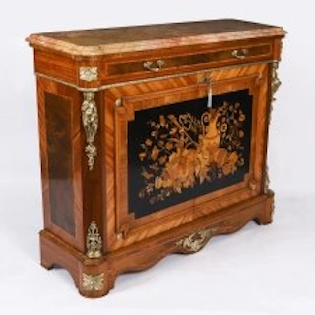 Antique French Floral Marquetry Marble Topped Side Cabinet Circa 1900