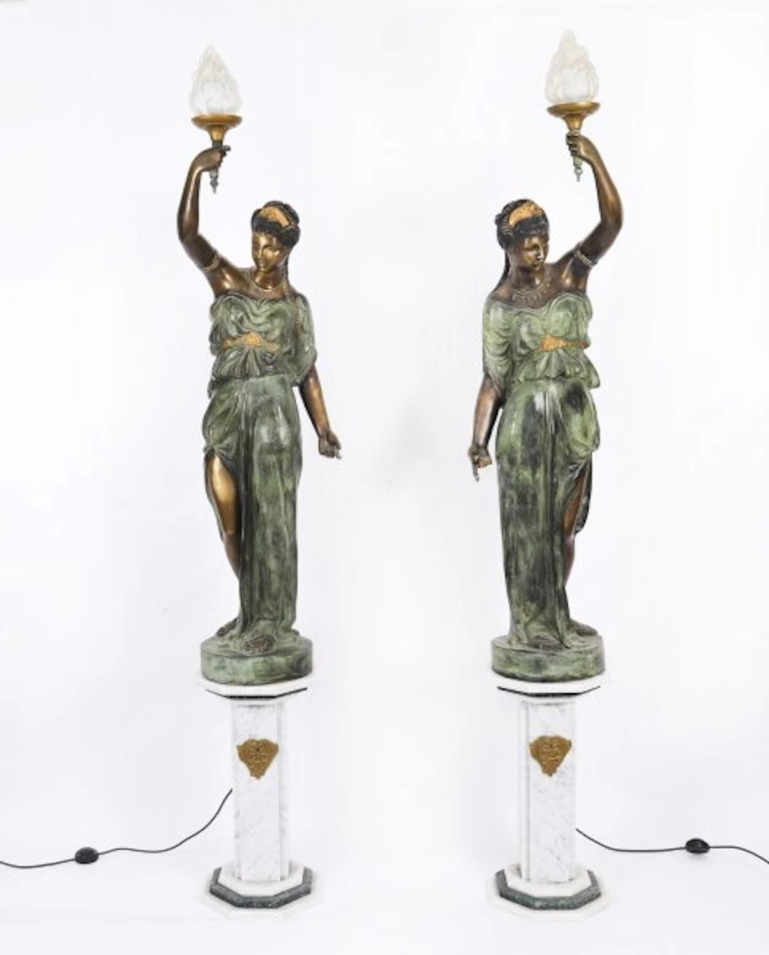 Antique Pair Large 7ft Bronze Libertas Figural Torcheres Lamps F. De Luca C1910