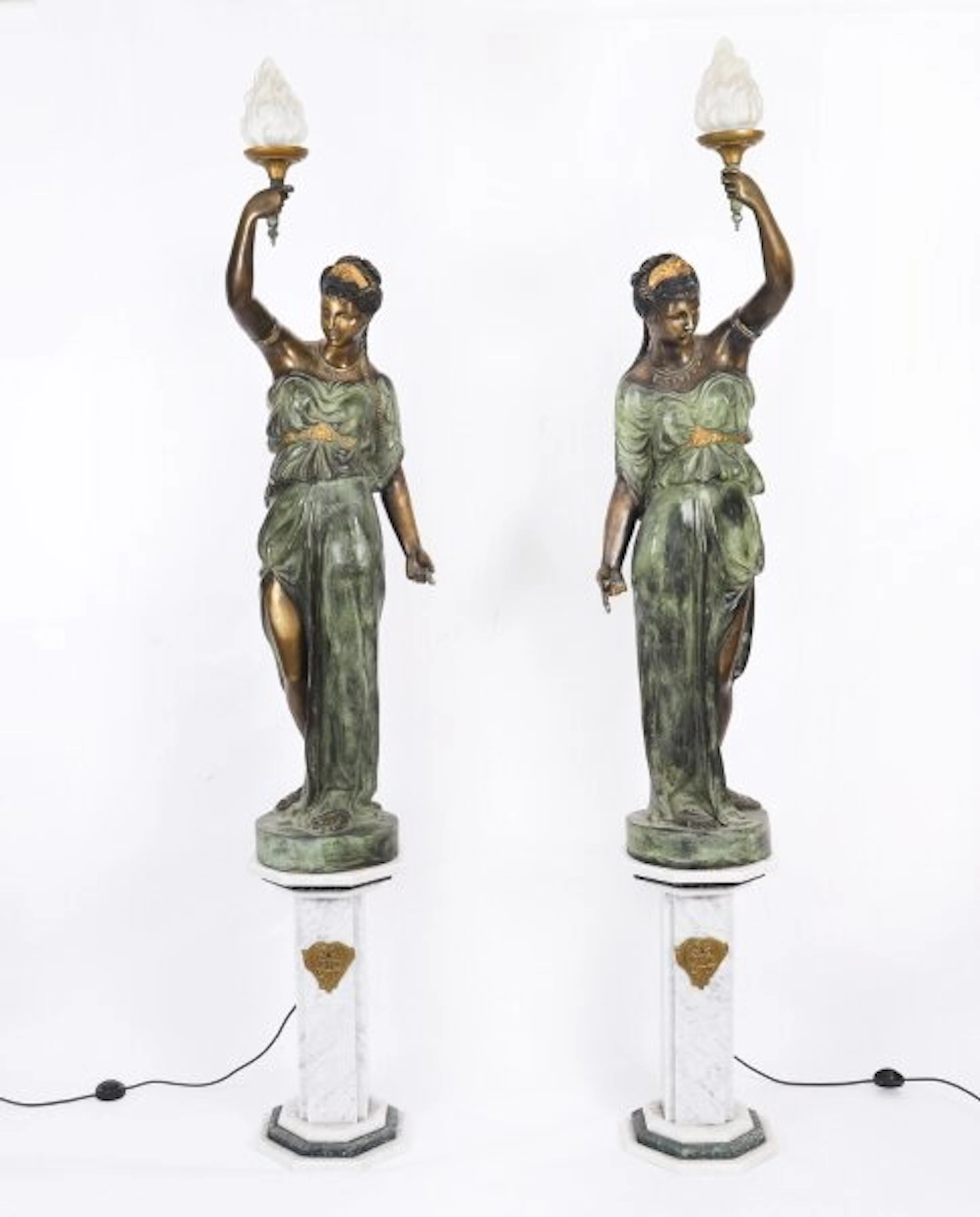 Antique Pair Large 7ft Bronze Libertas Figural Torcheres Lamps F. De Luca C1910