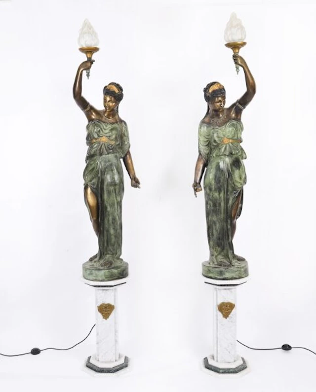 Antique Pair Large 7ft Bronze Libertas Figural Torcheres Lamps F. De Luca C1910