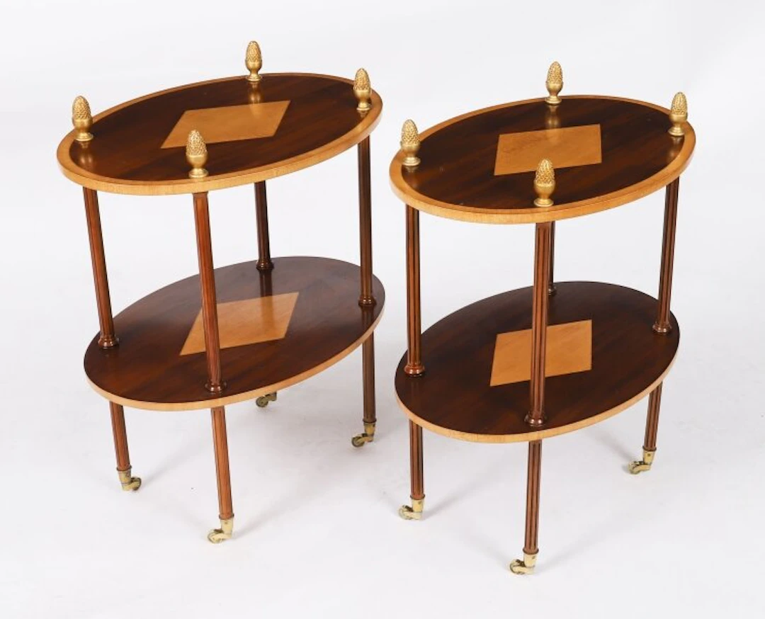Vintage Pair Flame Mahogany & Satin Wood Etagere Occasional Tables 20th C