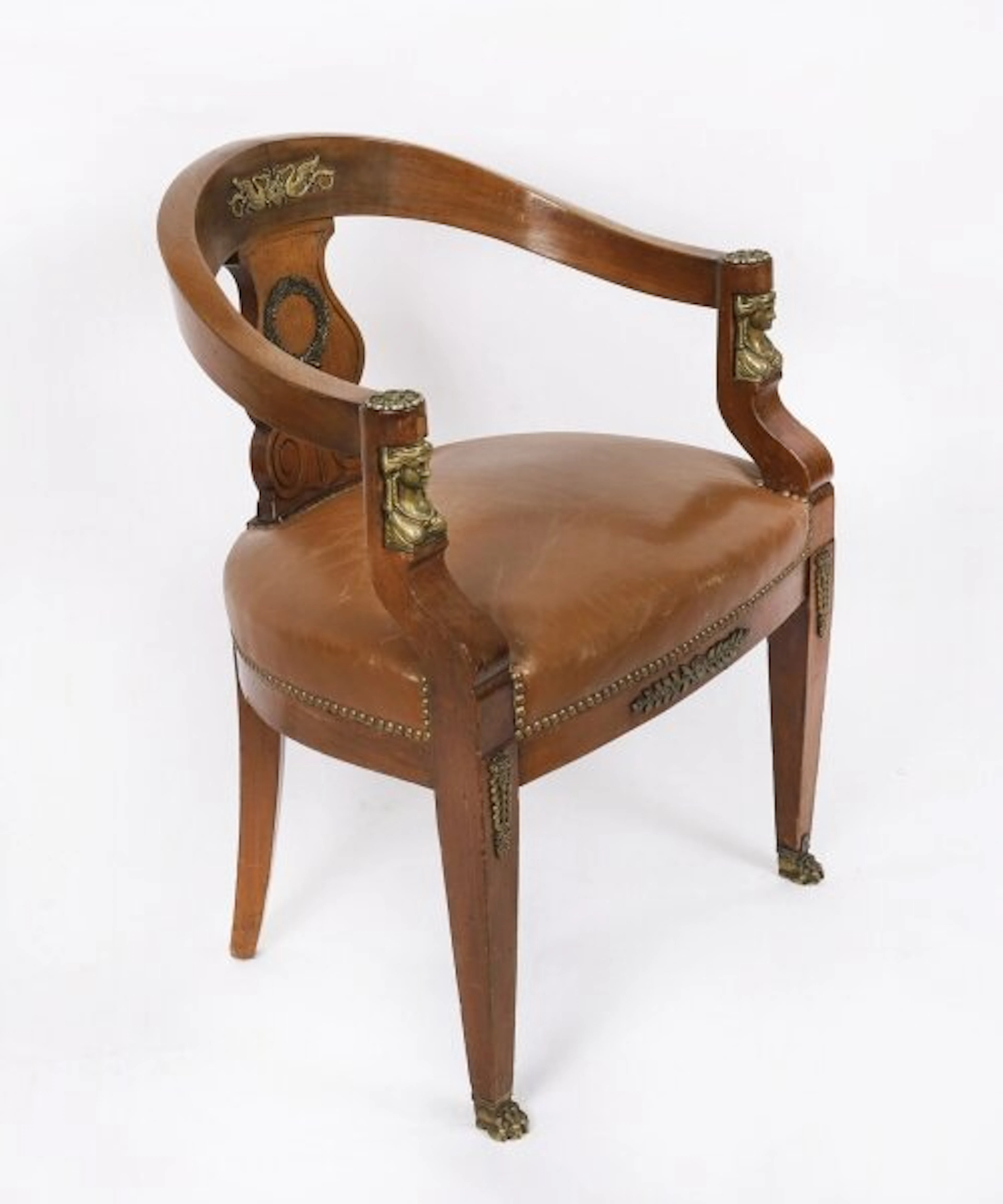 Antique French Empire Revival Mahogany & Ormolu Mounted Armchair 19th C