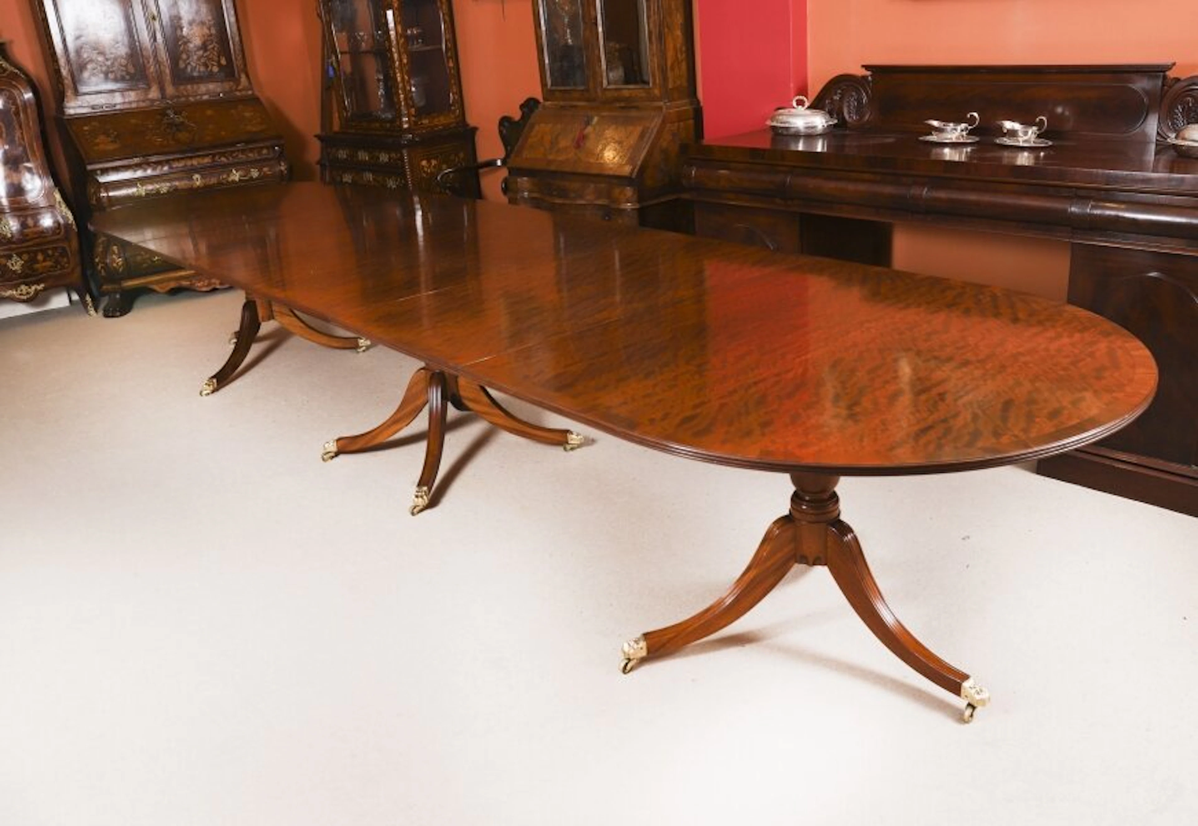 Vintage 15ft Regency Revival Triple Pillar Dining Table Mid 20th C