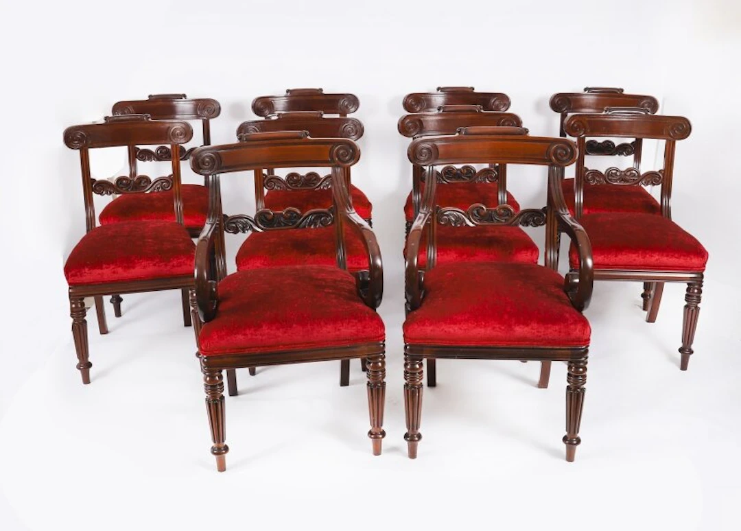 Antique set of 10 High Regency Flame Mahogany Dining Chairs C1820 19th C