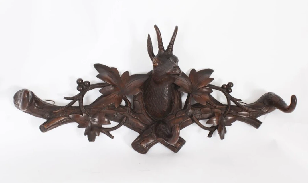 Antique Hand Carved Black Forest Chamois Goat's Head Hat & Coat Rack 19th C