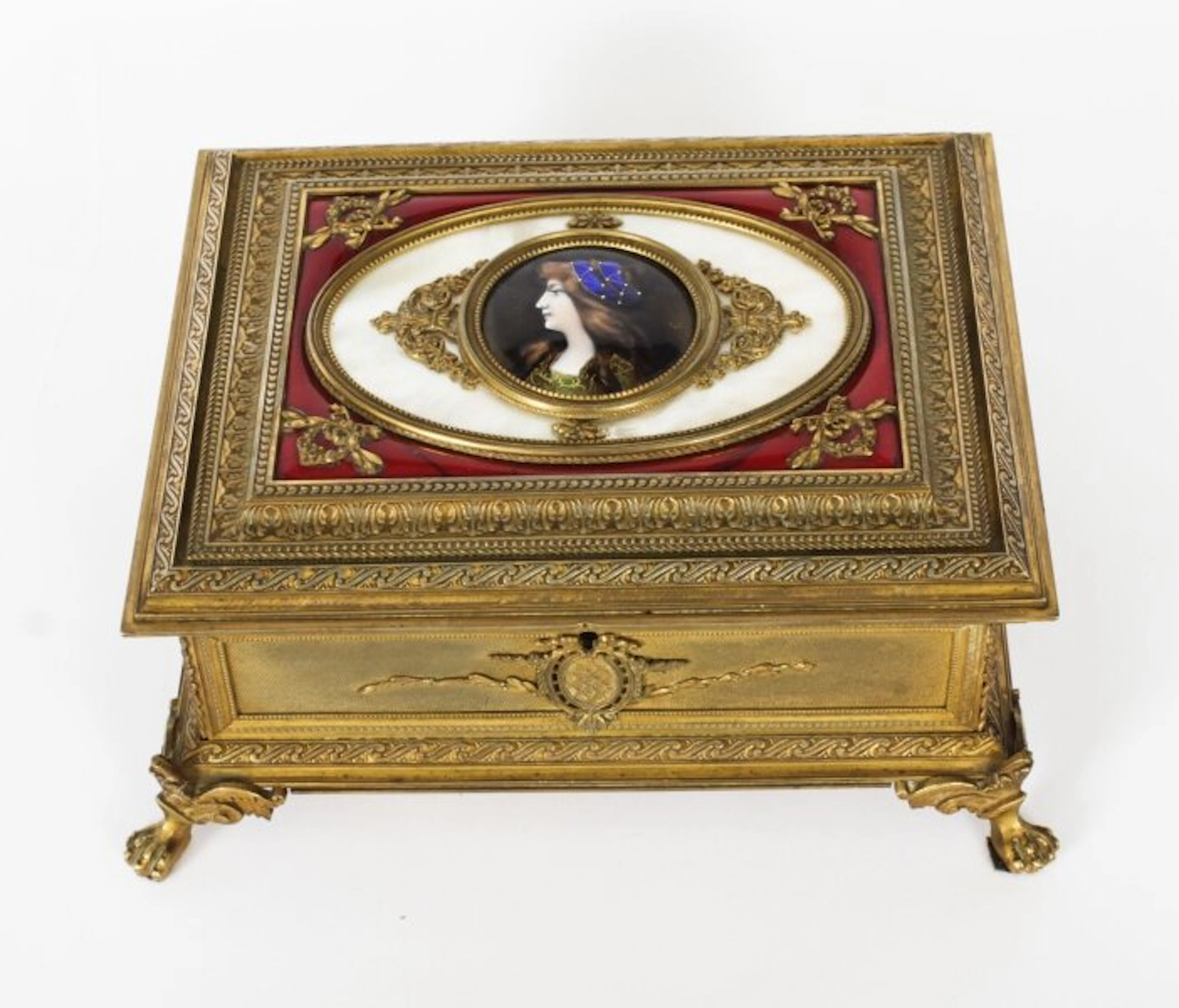 Antique Gilt Bronze Jewellery Casket & Limoges Miniature c.1870 19th Century