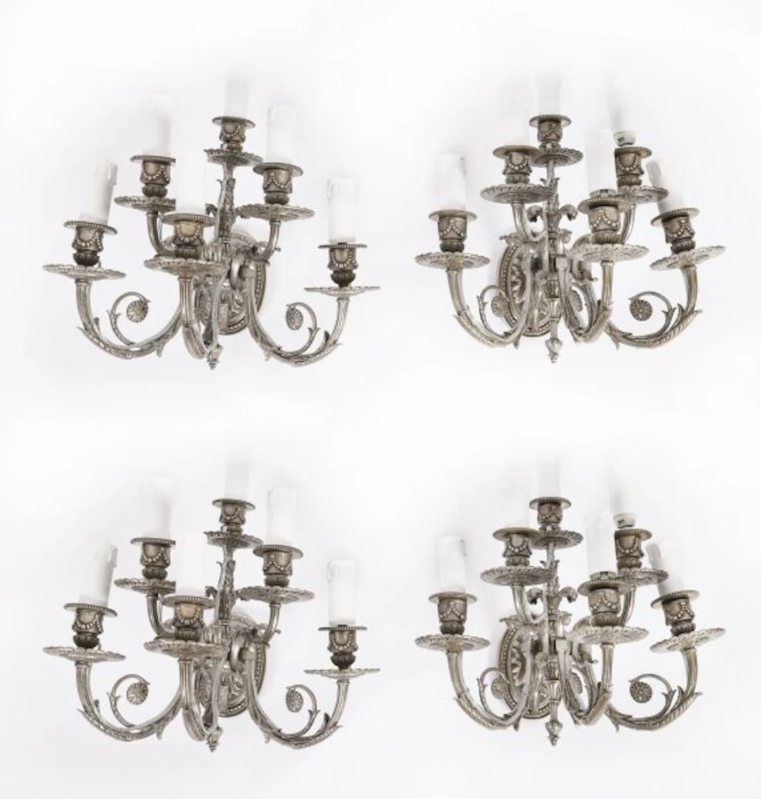 Antique Set 4 Louis VI Revival Silver Plated Six Branch Wall Lights 20th C