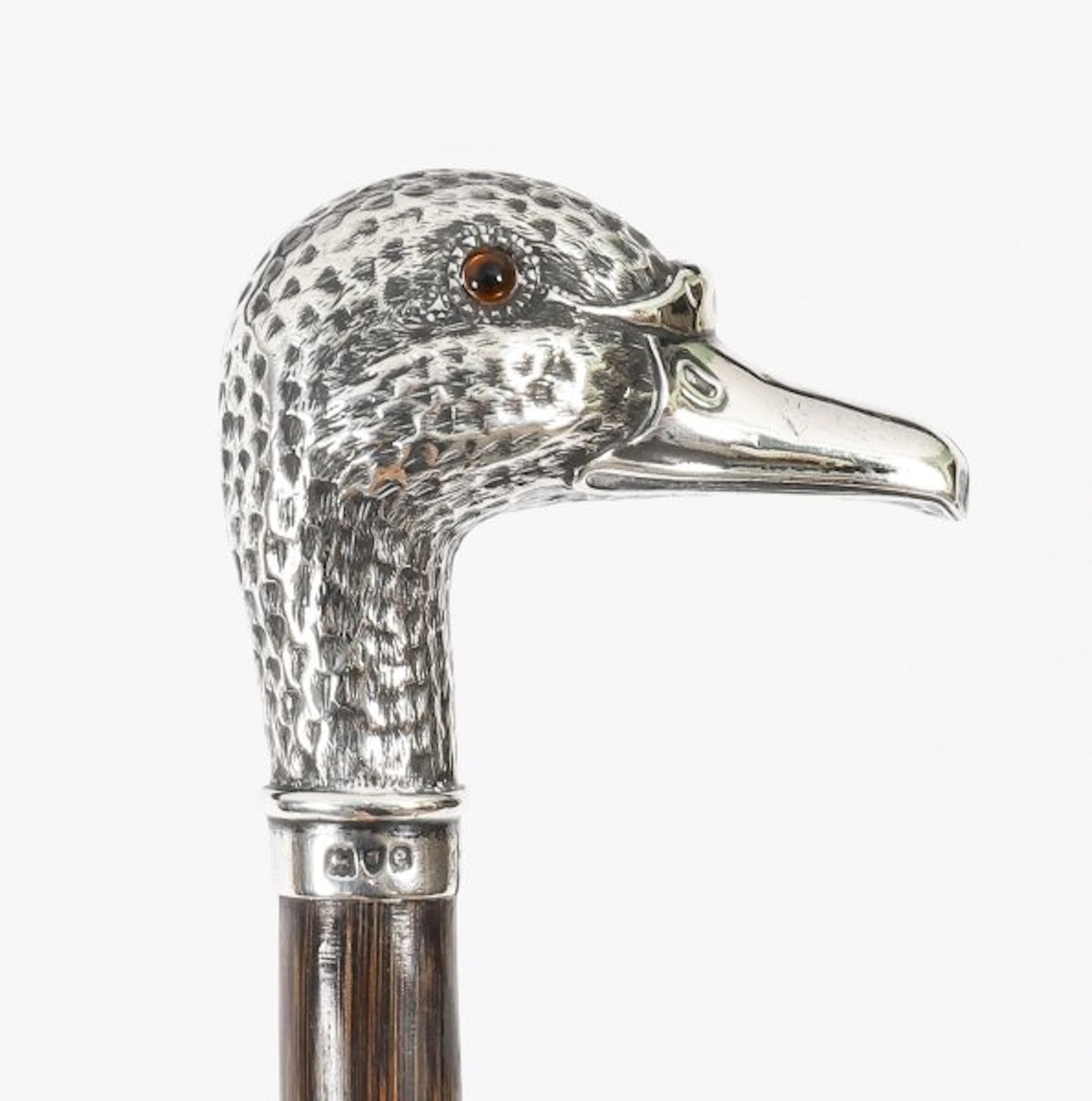 Antique Walking Stick Cane Silver Duck Head Handle dated 1900 88cm 34.5 inches