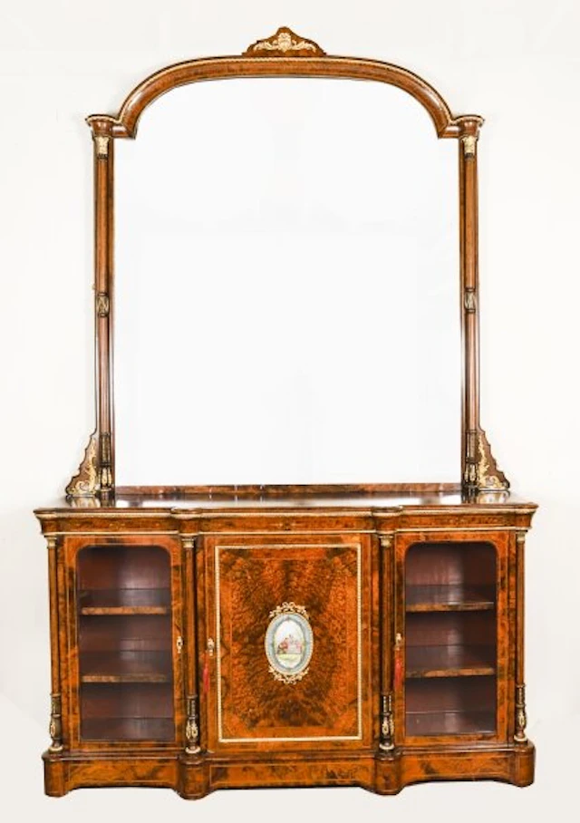 Antique Victorian Burr Walnut Sevres Plaque Mirror Back Credenza Cabinet 19th C