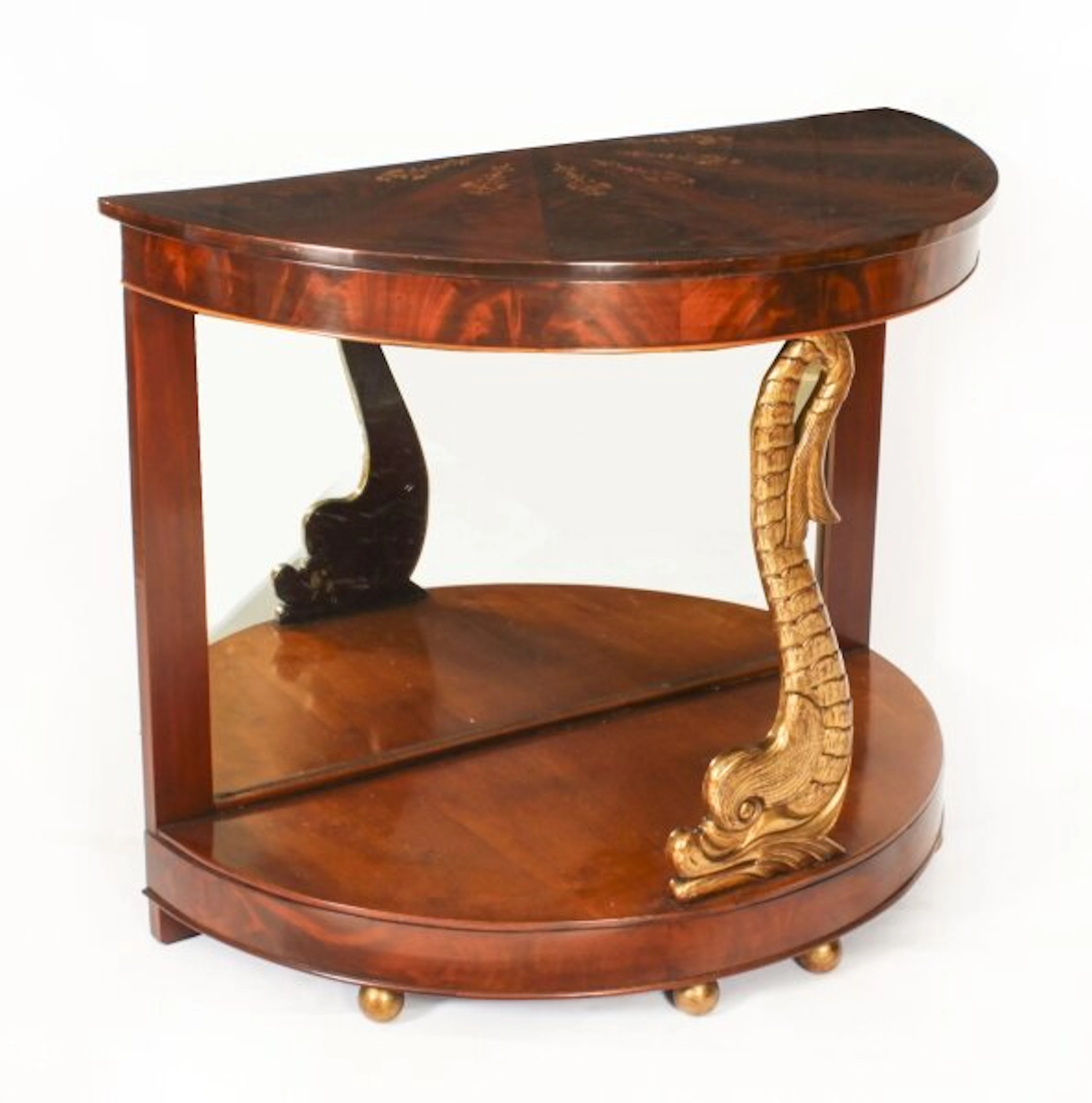 Antique Italian Flame Mahogany Giltwood Dolphin Console Table 19th C
