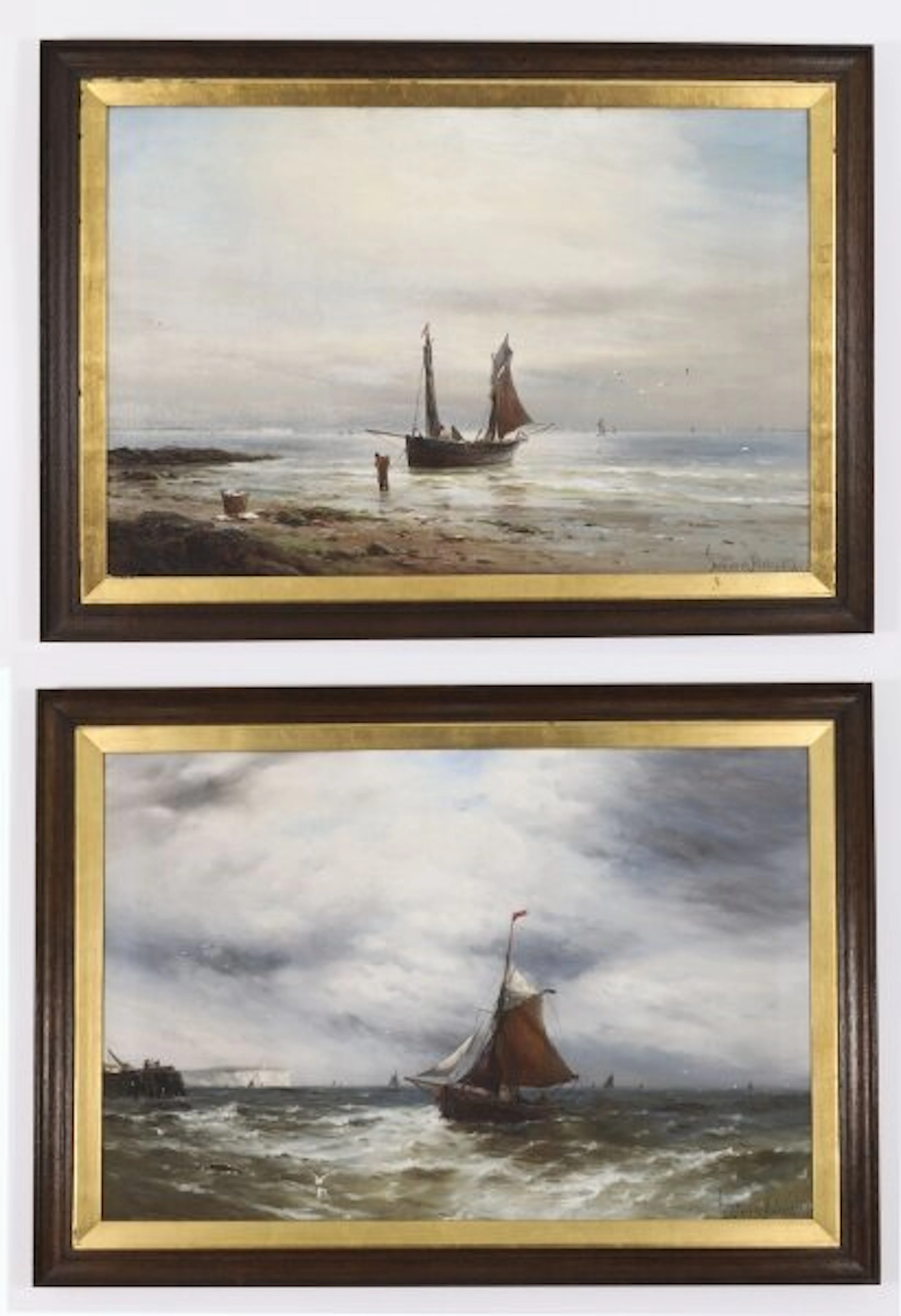 Antique Pair Oil On Canvas Seascape Paintings Gustave De Bréanski 19th Century