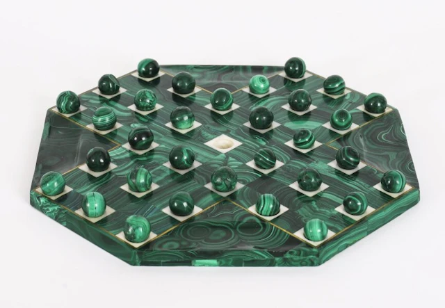 Antique Art Deco Malachite Solitaire Board & Marbles C1930