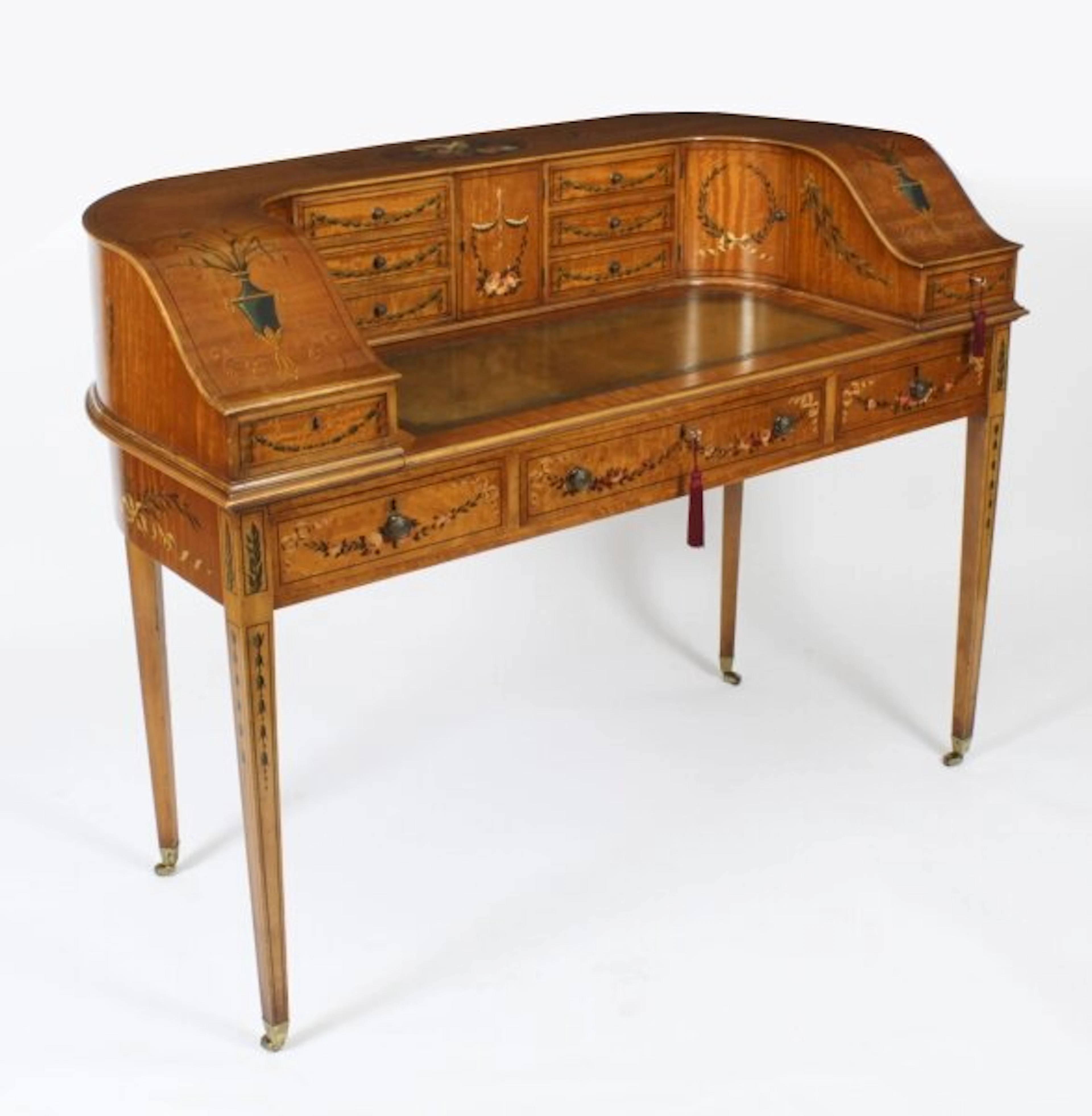 Antique Edwardian Satin wood & Floral Painted Carlton House Writing Desk C 1900