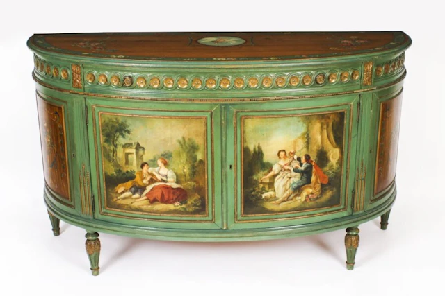 Antique French Painted Demi Lune Cabinet Commode 20th C
