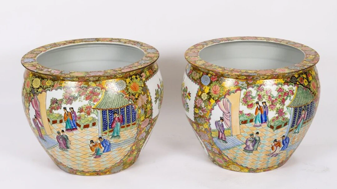 Vintage Pair Qing Dynasty Canton Famille Rose Chinese Vases 20th C