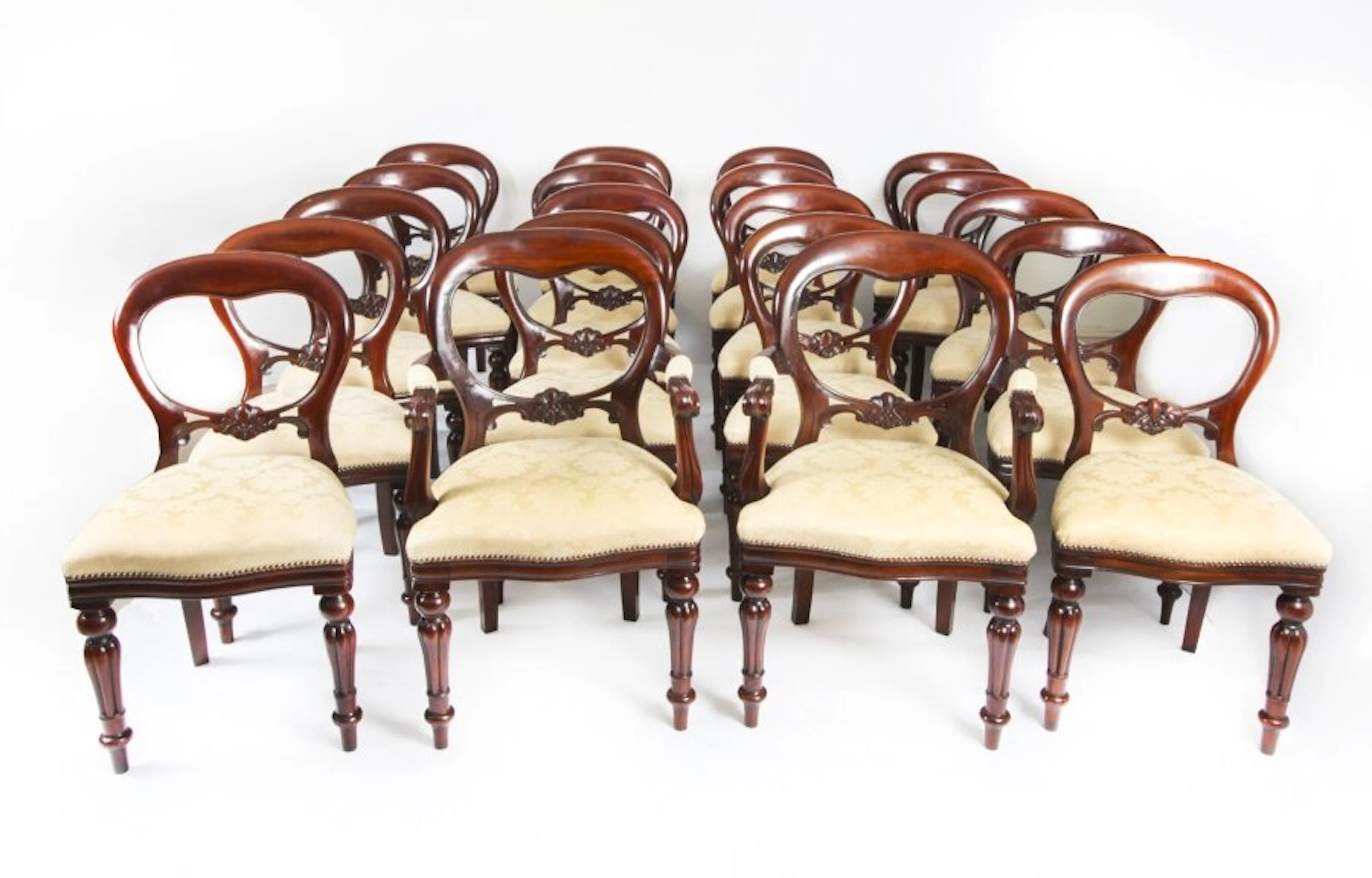 Vintage Set 20 Victorian Revival Balloon back Dining Chairs 20th C