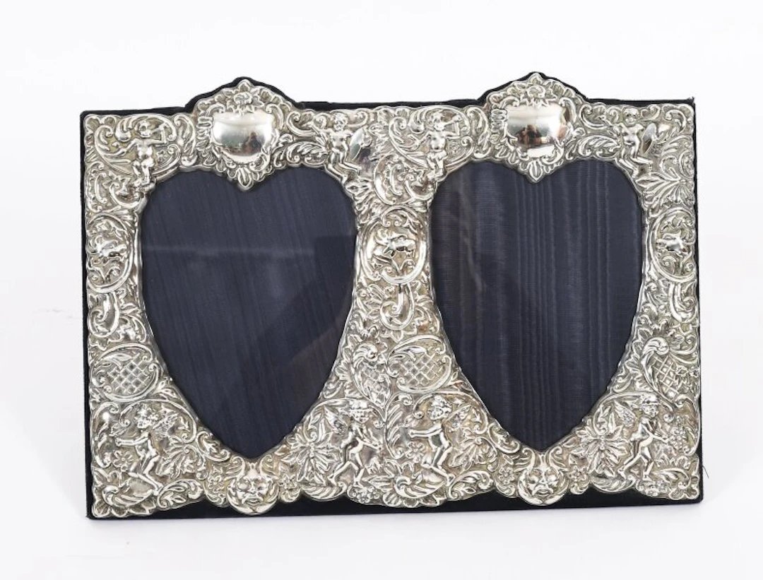 Antique Heart Shaped Double Sterling Silver Photo Frame 27 x 37 cm