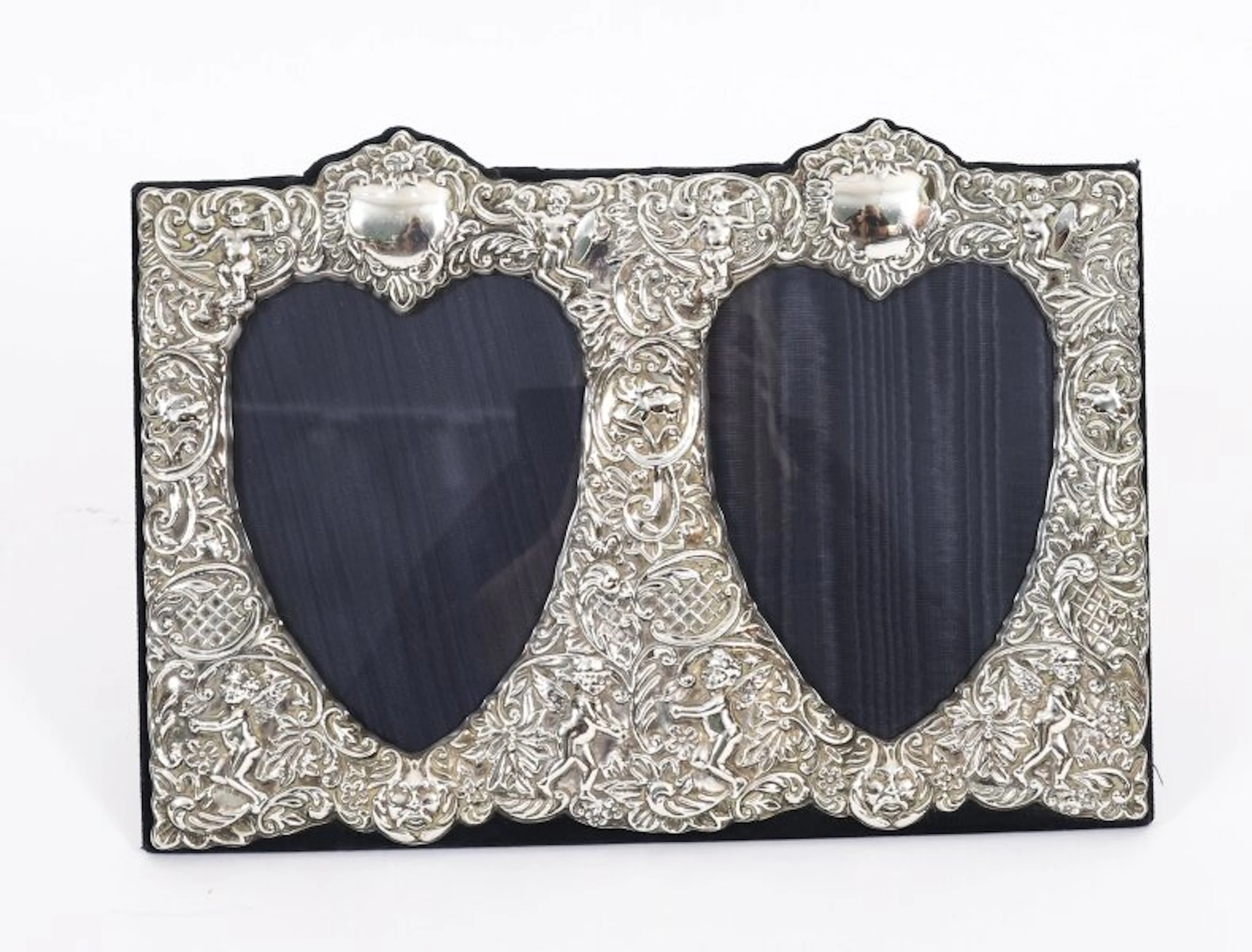 Antique Heart Shaped Double Sterling Silver Photo Frame 27 x 37 cm