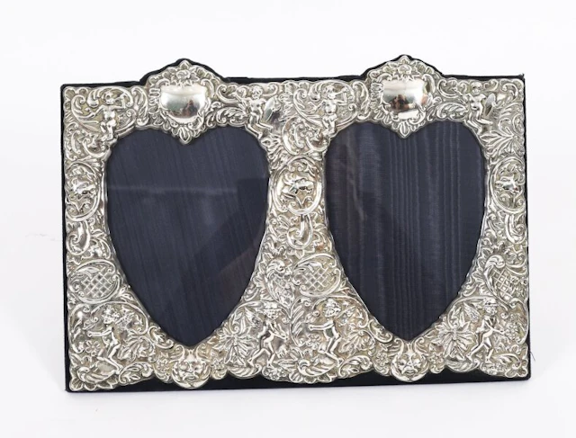 Antique Heart Shaped Double Sterling Silver Photo Frame 27 x 37 cm