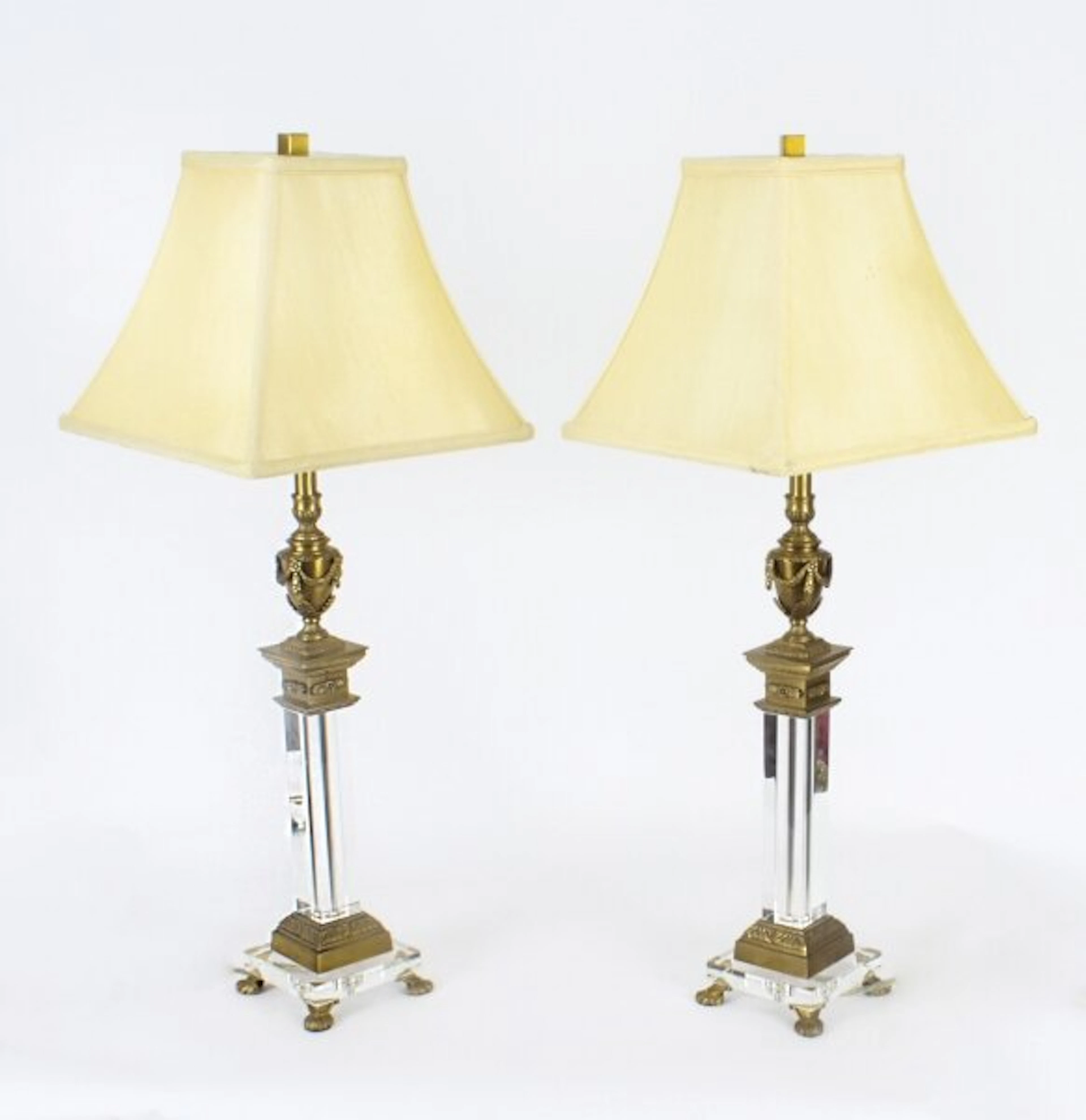 Vintage Pair Corinthian Column Ormolu & Glass Table Lamps Mid 20th Century