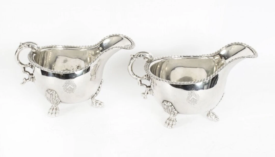 Antique Pair English Old Sheffield Silver Plated Sauce Boats 1830 19th Cent