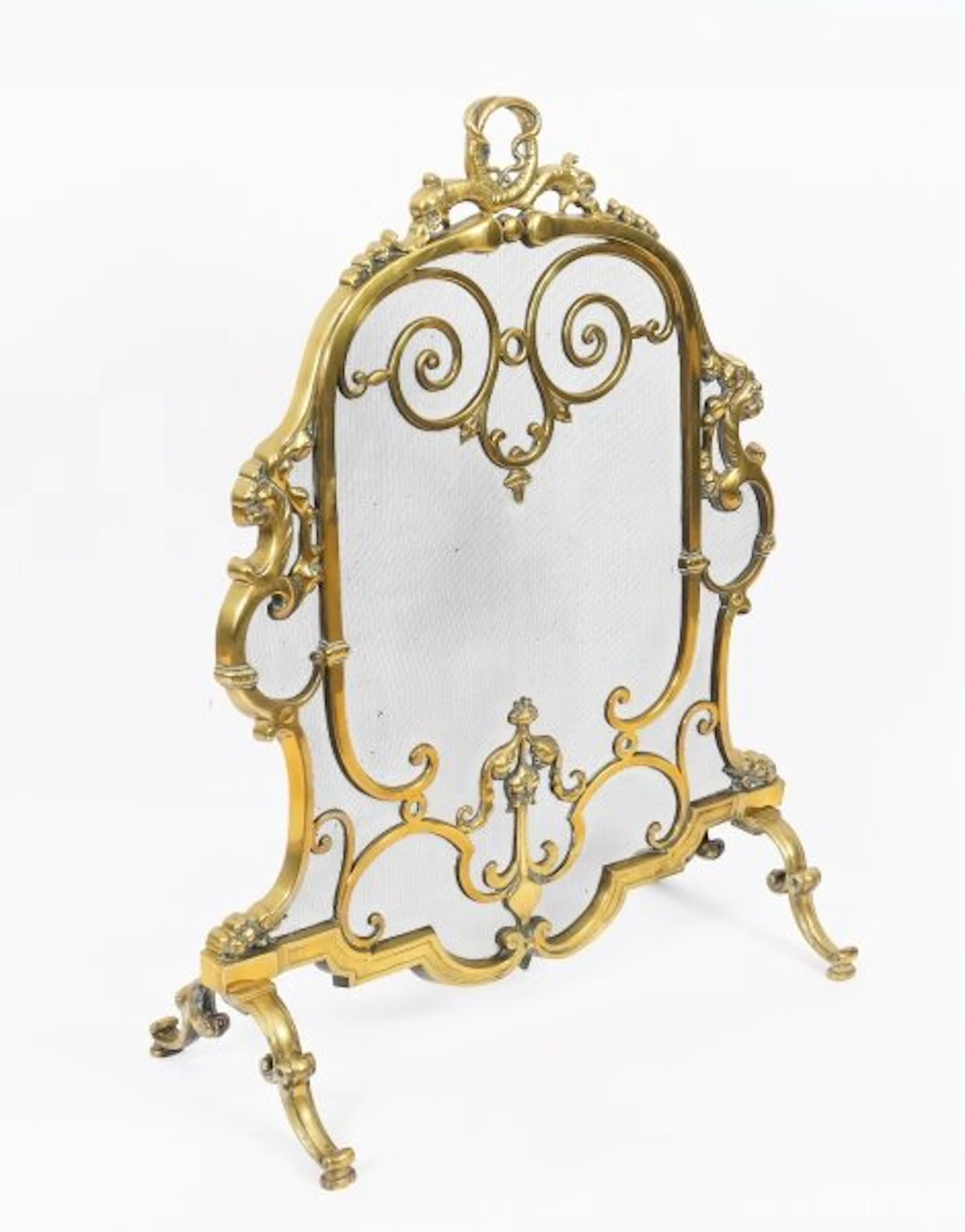 Antique French Louis Revival Brass Mesh Dolphin Fire Screen 19th Century