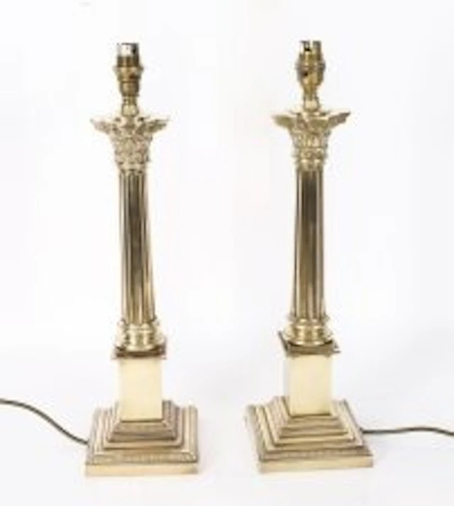 Vintage Pair Corinthian Column Bronze Table Lamps mid 20th C