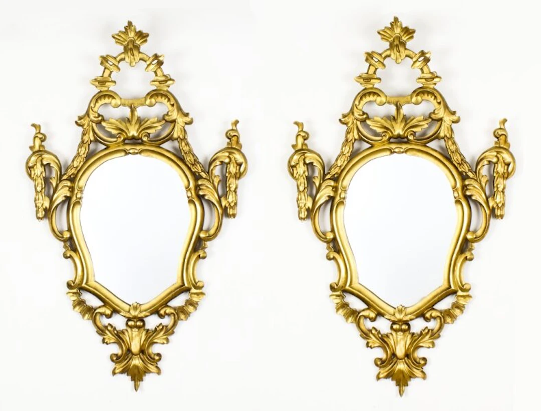 Antique Pair Florentine Rococo Giltwood Mirrors 19th Century 102x63cm