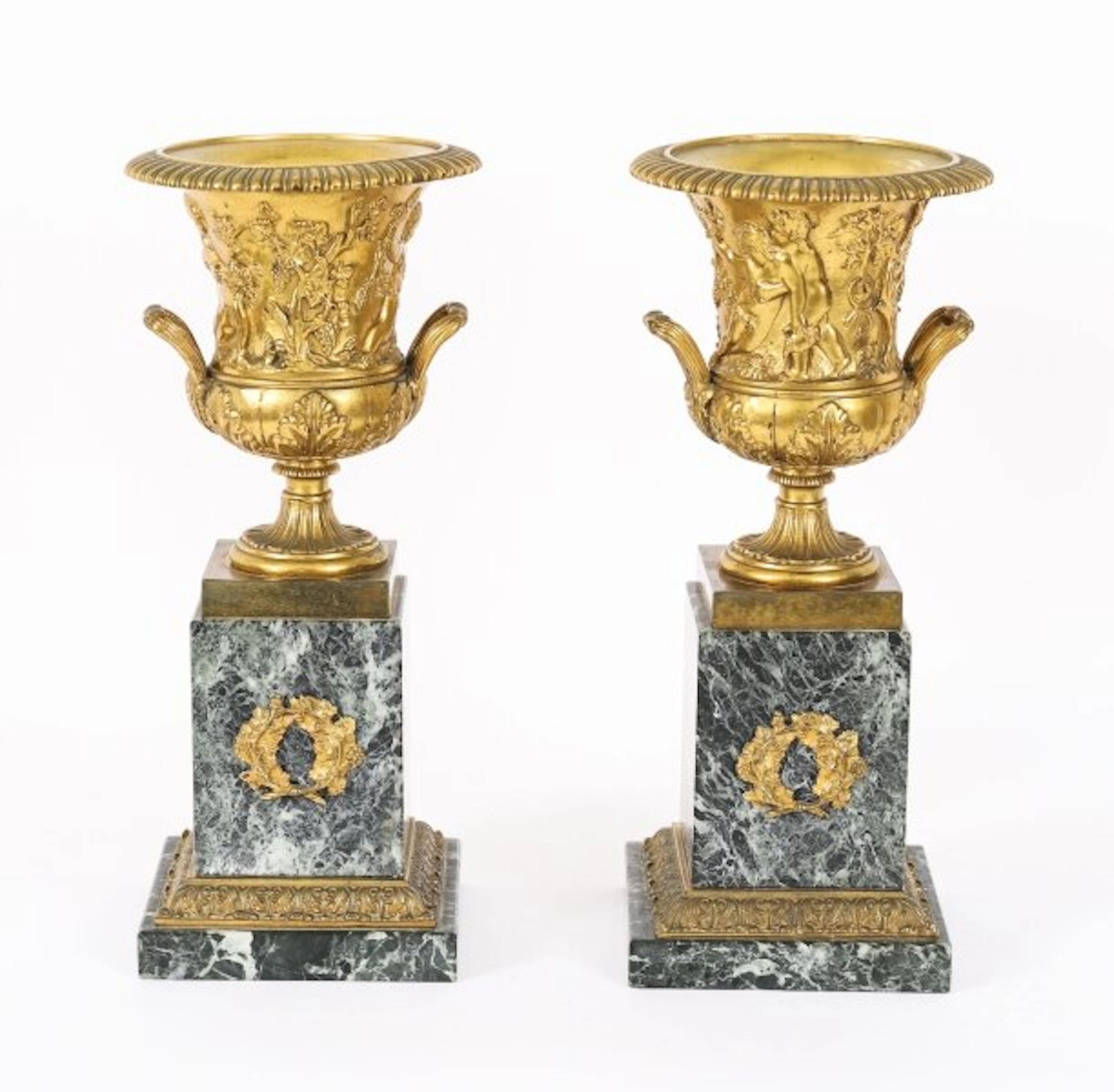 Antique Pair French Grand Tour Gilt Bronze & Marble Urns 19th C
