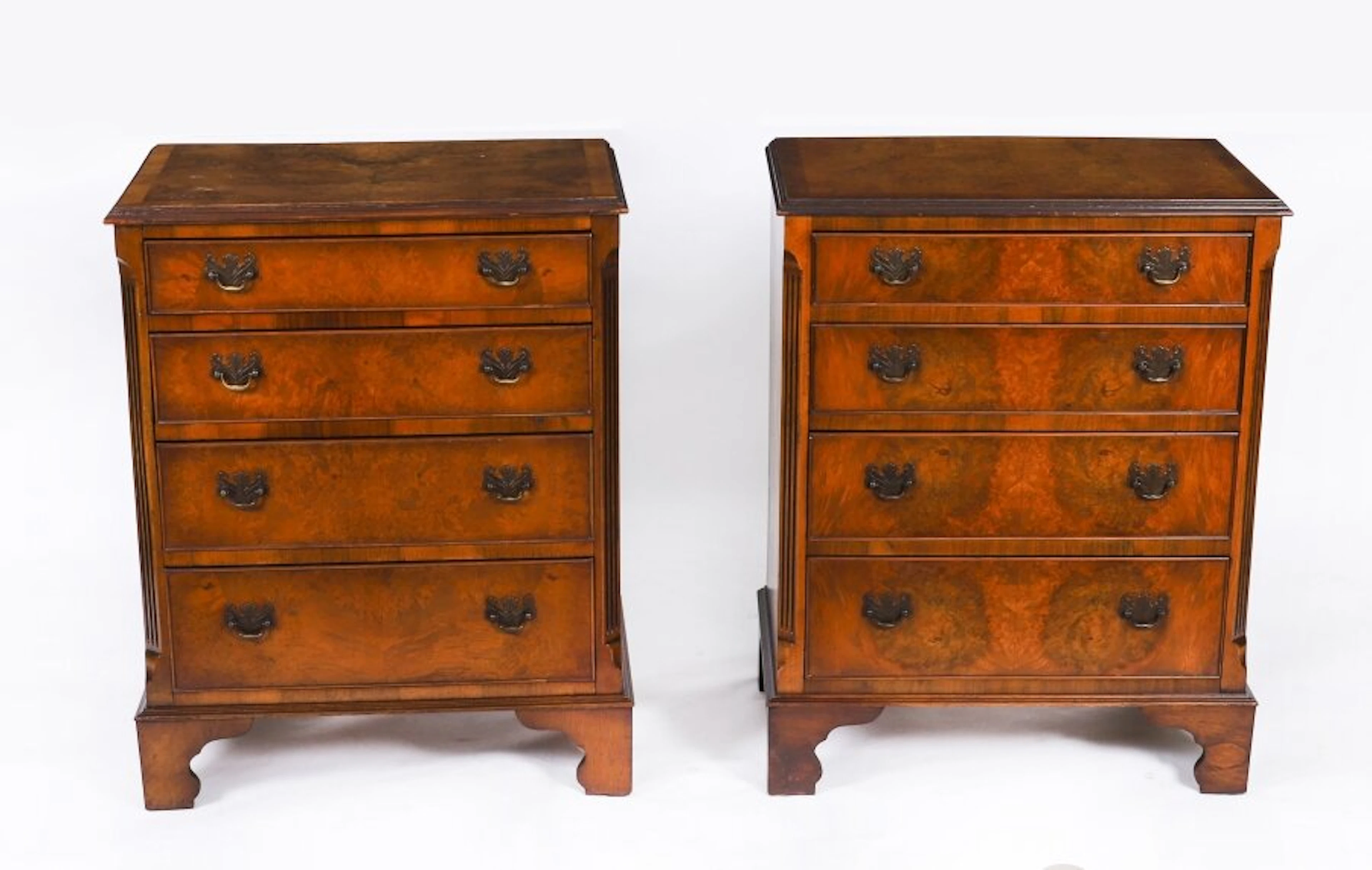 Vintage Pair Burr Walnut Bedside Chests Cabinets Mid 20th C