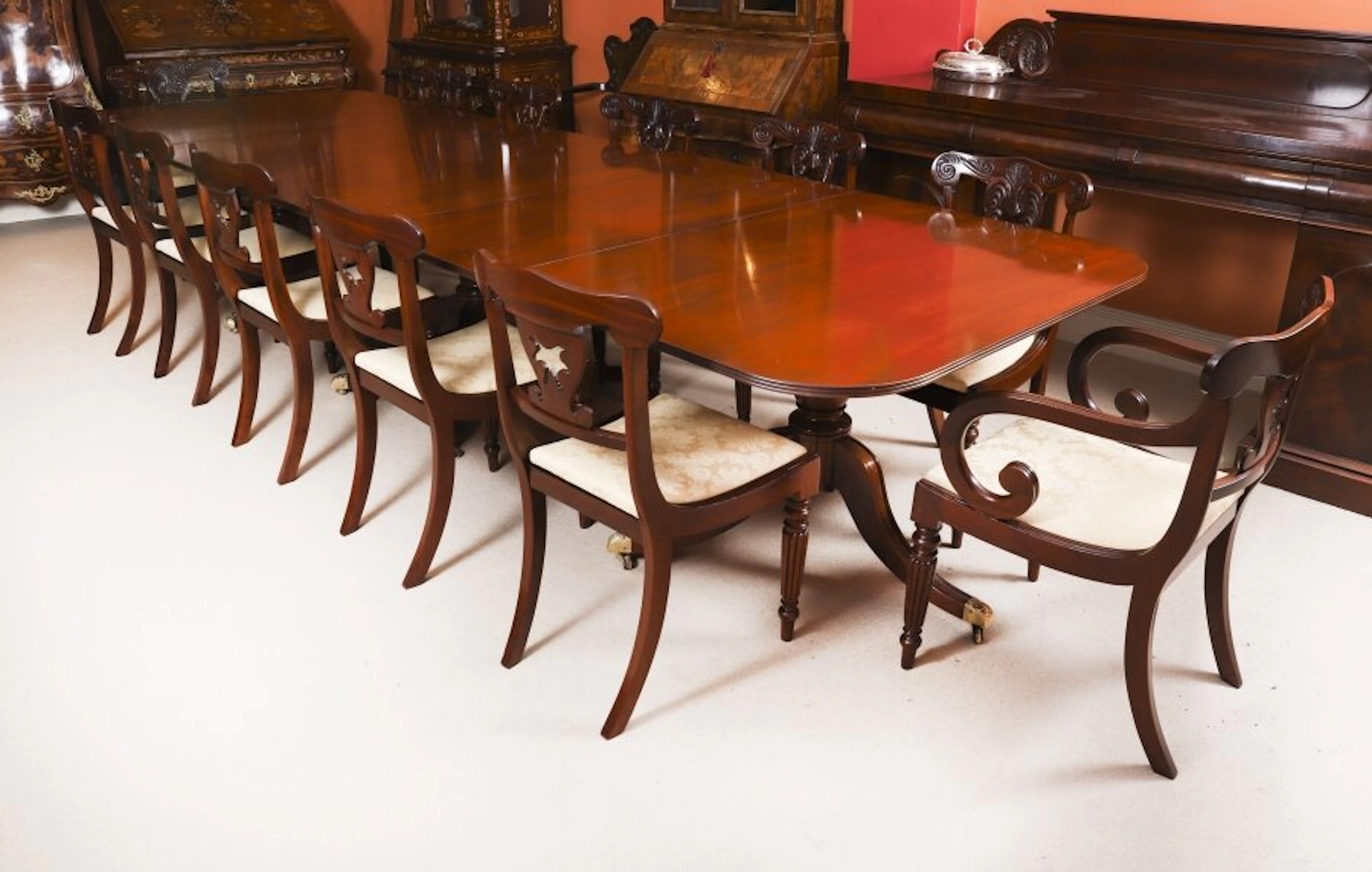 Antique 13ft Whytock & Reid Triple Pillar Dining Table & 12 chairs 19th C