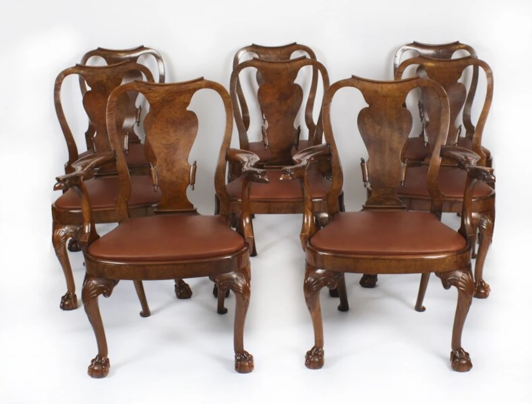 Vintage Set 8 Queen Anne Revival Burr Walnut Dining Chairs 20th Century