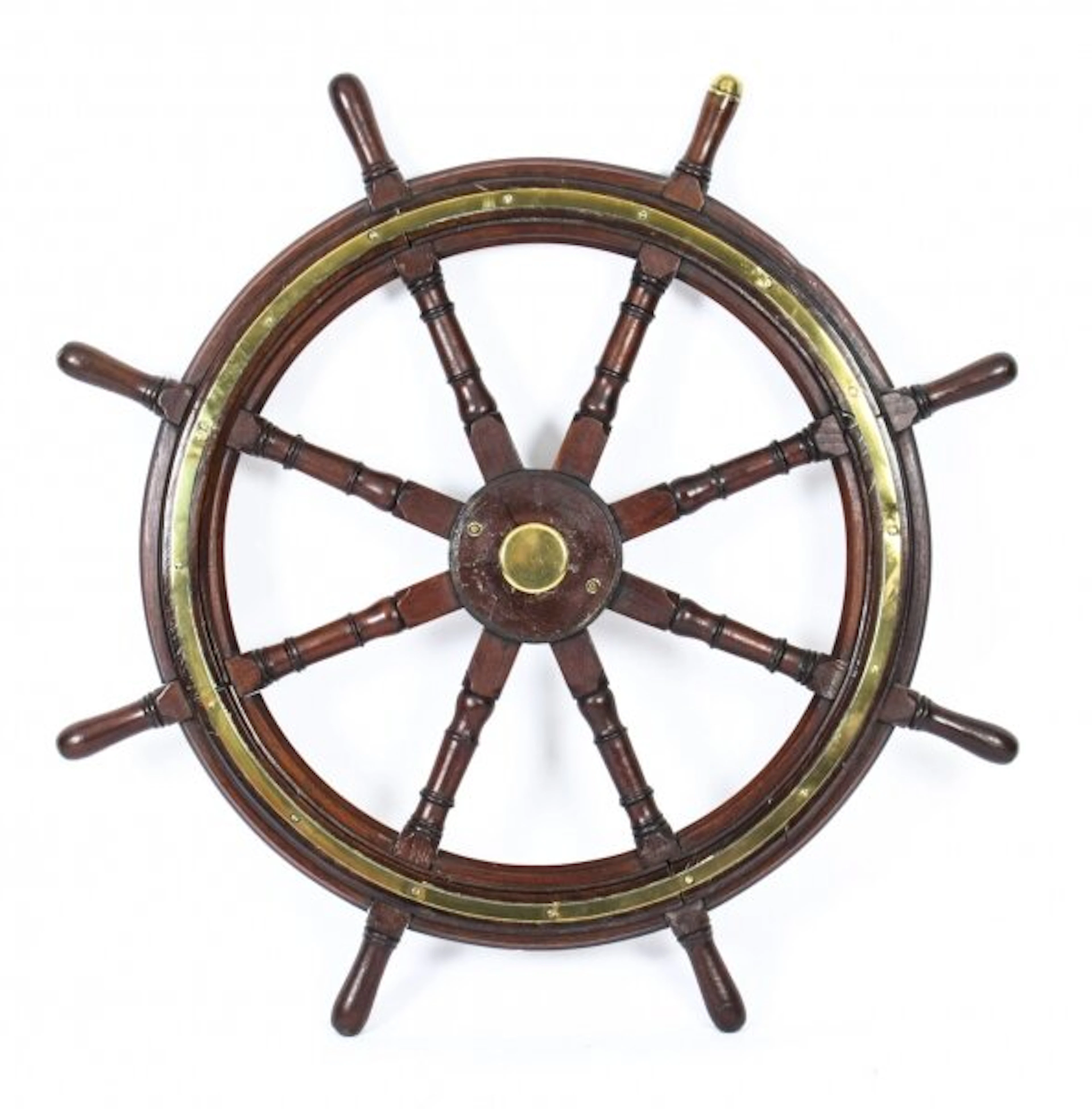 Antique 4ft Diam Teak and Brass Set 8-Spoke Ships Wheel C 1880 19th Century