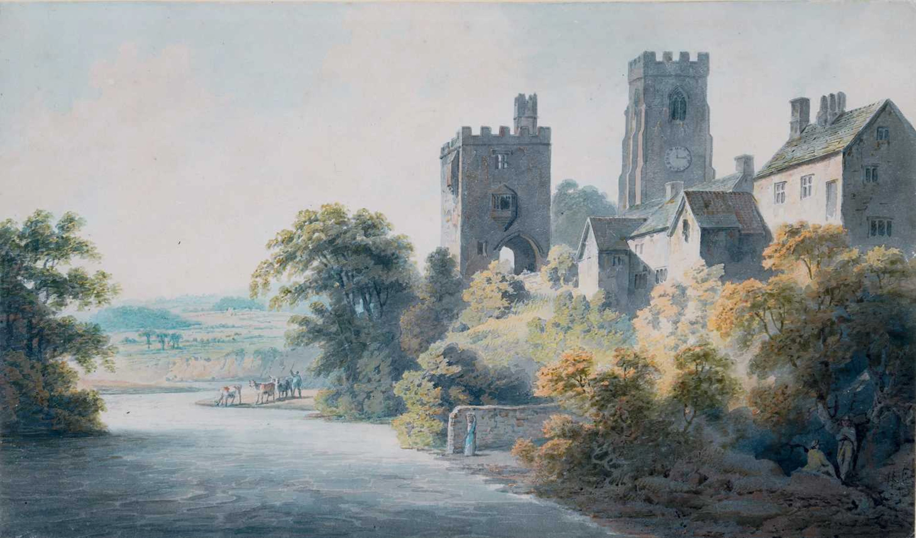 FRANCIS NICHOLSON OWS (1753-1844) WEST TANFIELD FROM THE BRIDGE, YORKSHIRE
