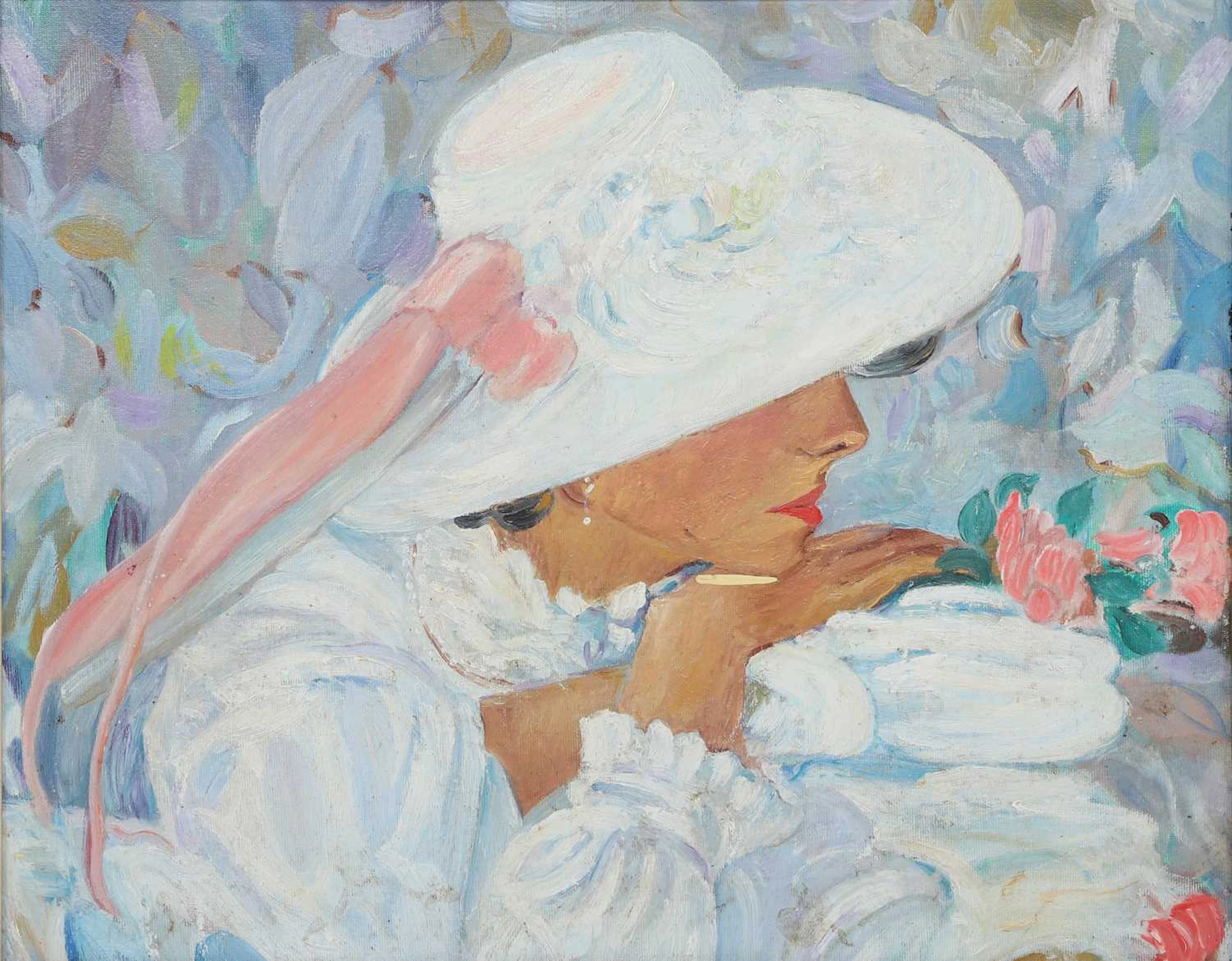 MODERN BRITISH SCHOOL REFLECTION, A LADY IN A SUMMER HAT