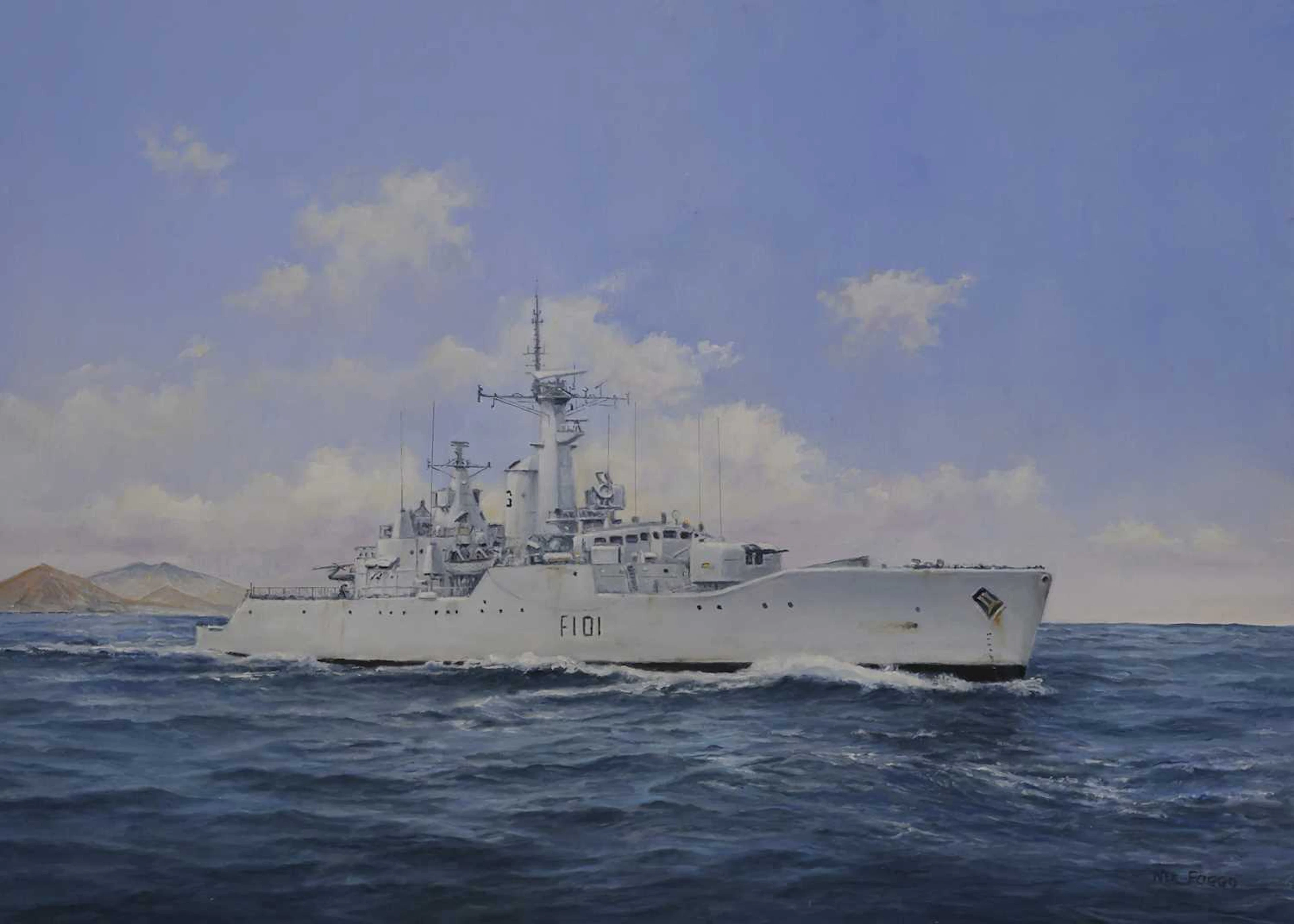 ‡ NEIL FOGGO (CONTEMPORARY) HMS YARMOUTH DEPARTING ASCENSION ISLAND