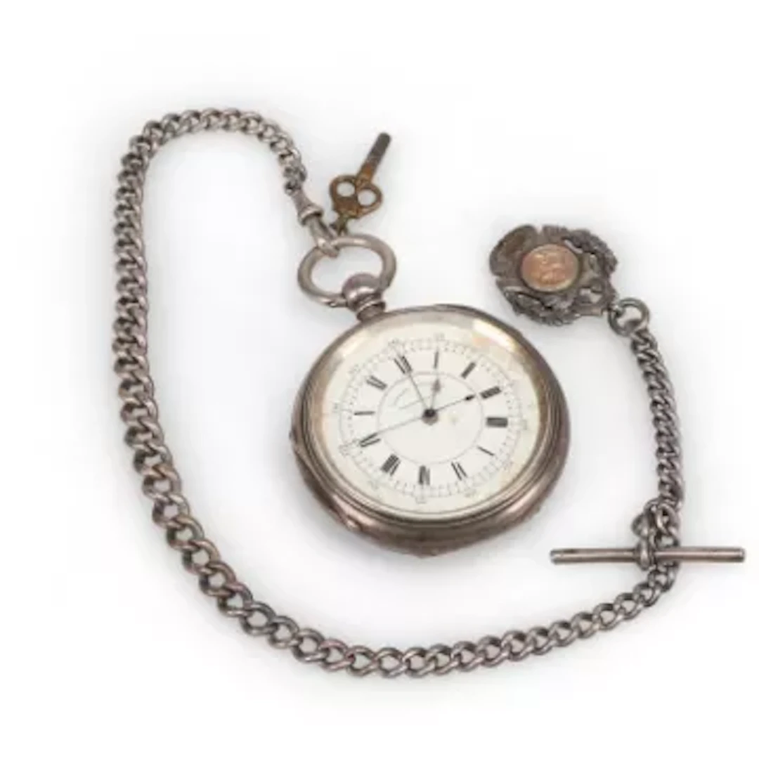 A SILVER CHRONOGRAPH POCKET WATCH AND ALBERT CHAIN