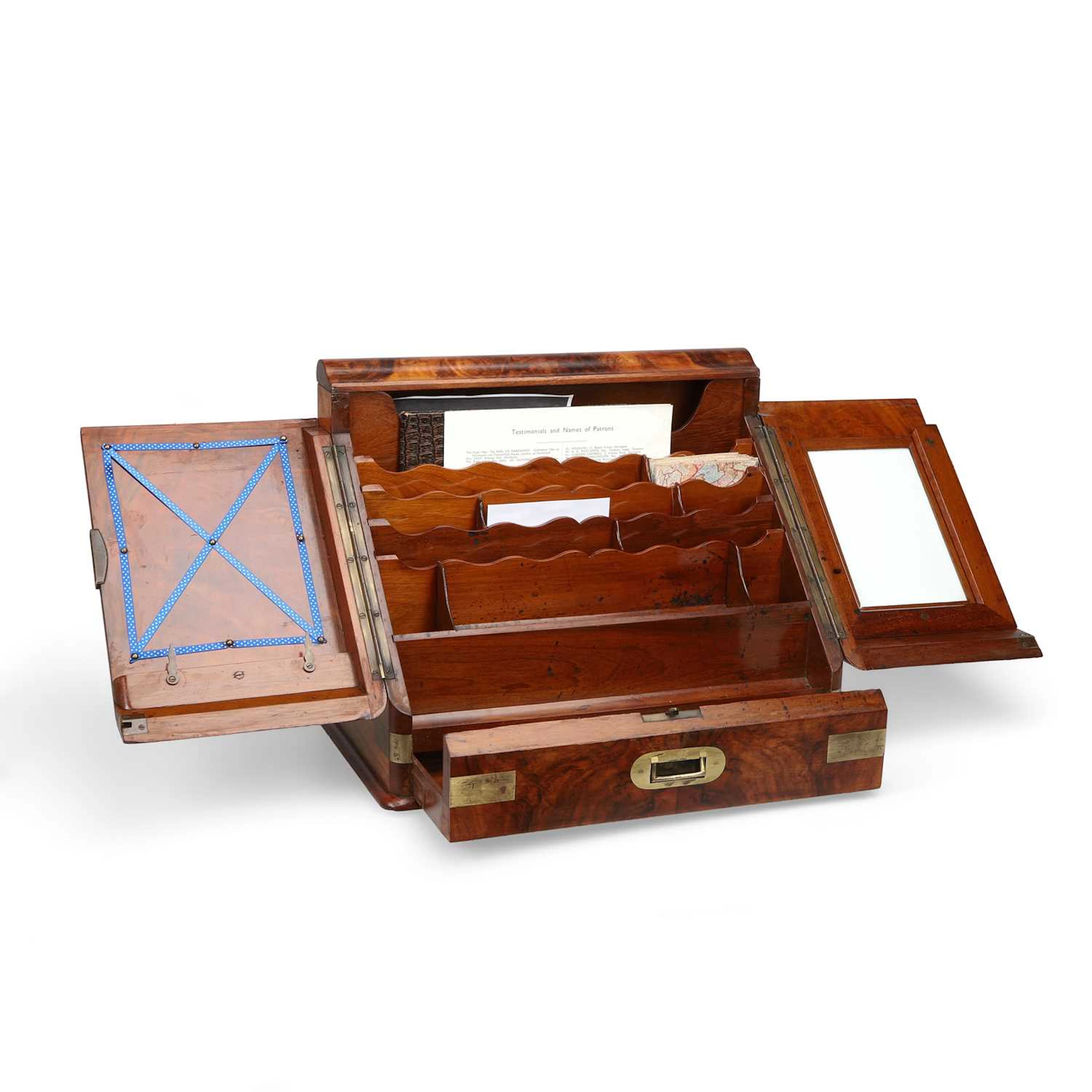 A VICTORIAN WALNUT AND BRASS-BOUND STATIONERY CABINET