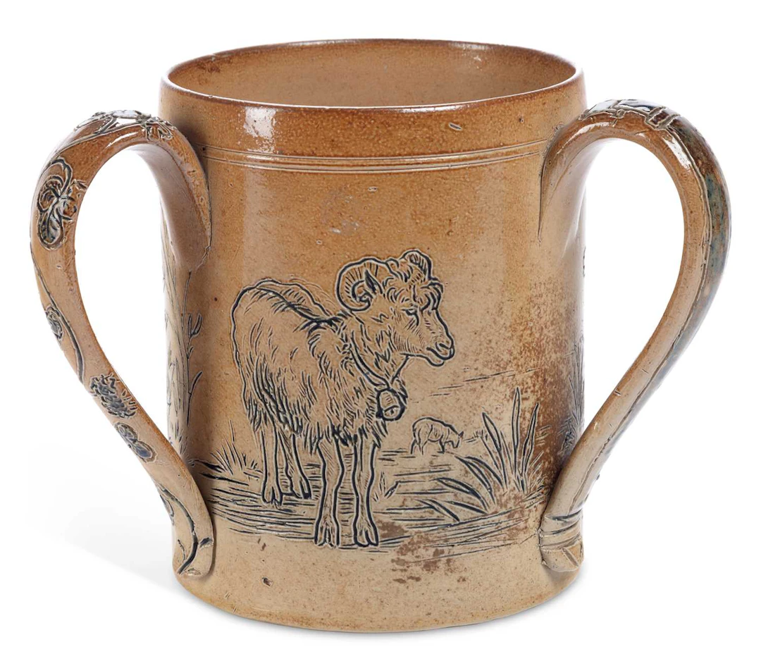 HANNAH BARLOW FOR DOULTON LAMBETH, A STONEWARE TYG CIRCA 1880