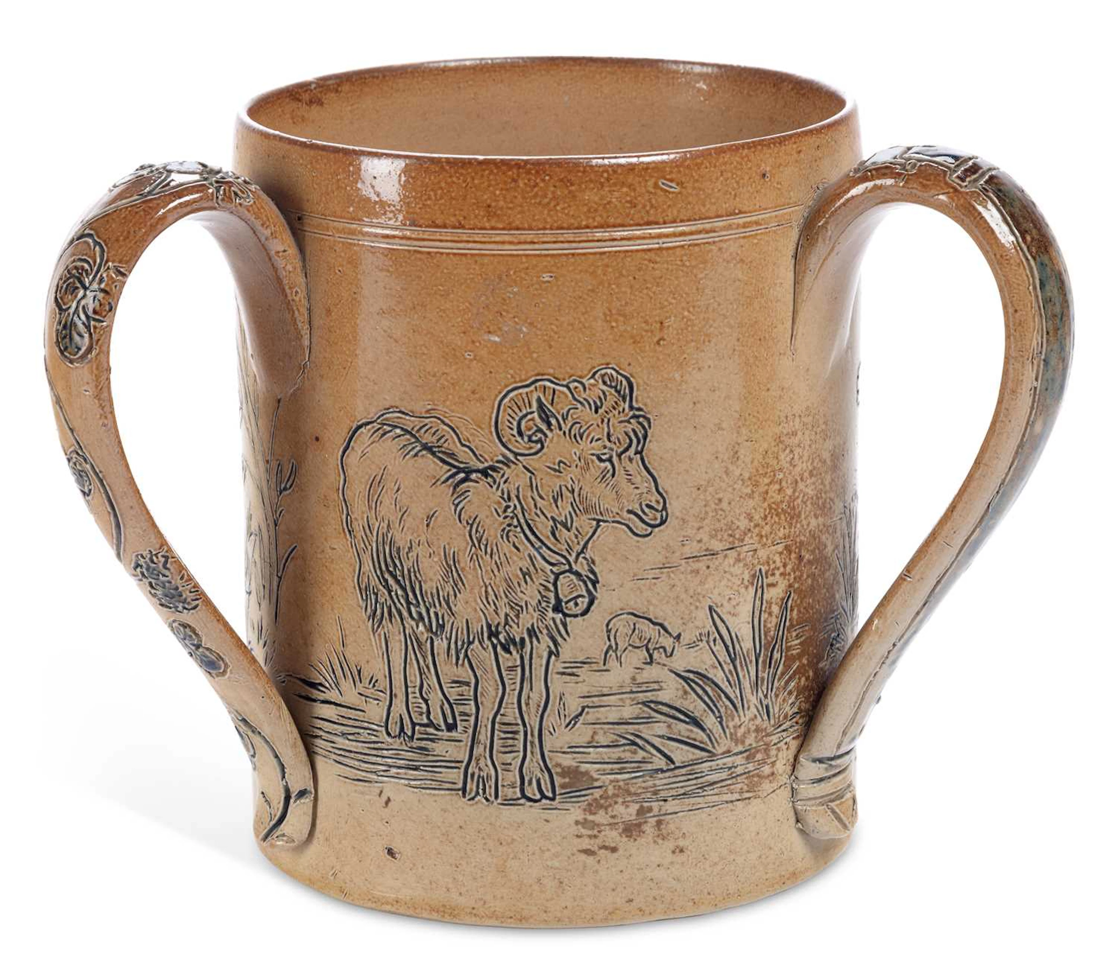 HANNAH BARLOW FOR DOULTON LAMBETH, A STONEWARE TYG CIRCA 1880