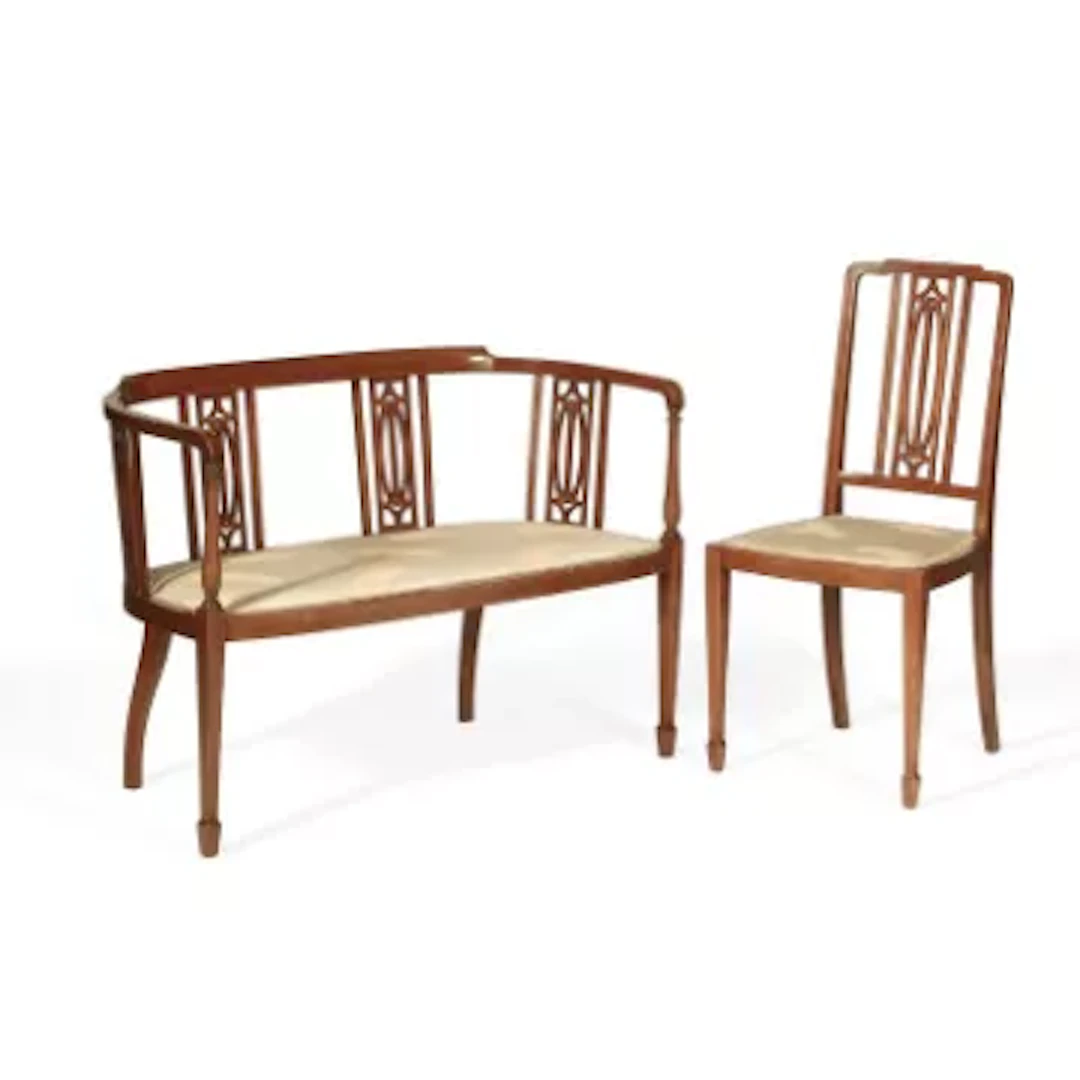 AN EDWARDIAN INLAID MAHOGANY SALON SETTEE AND CHAIR