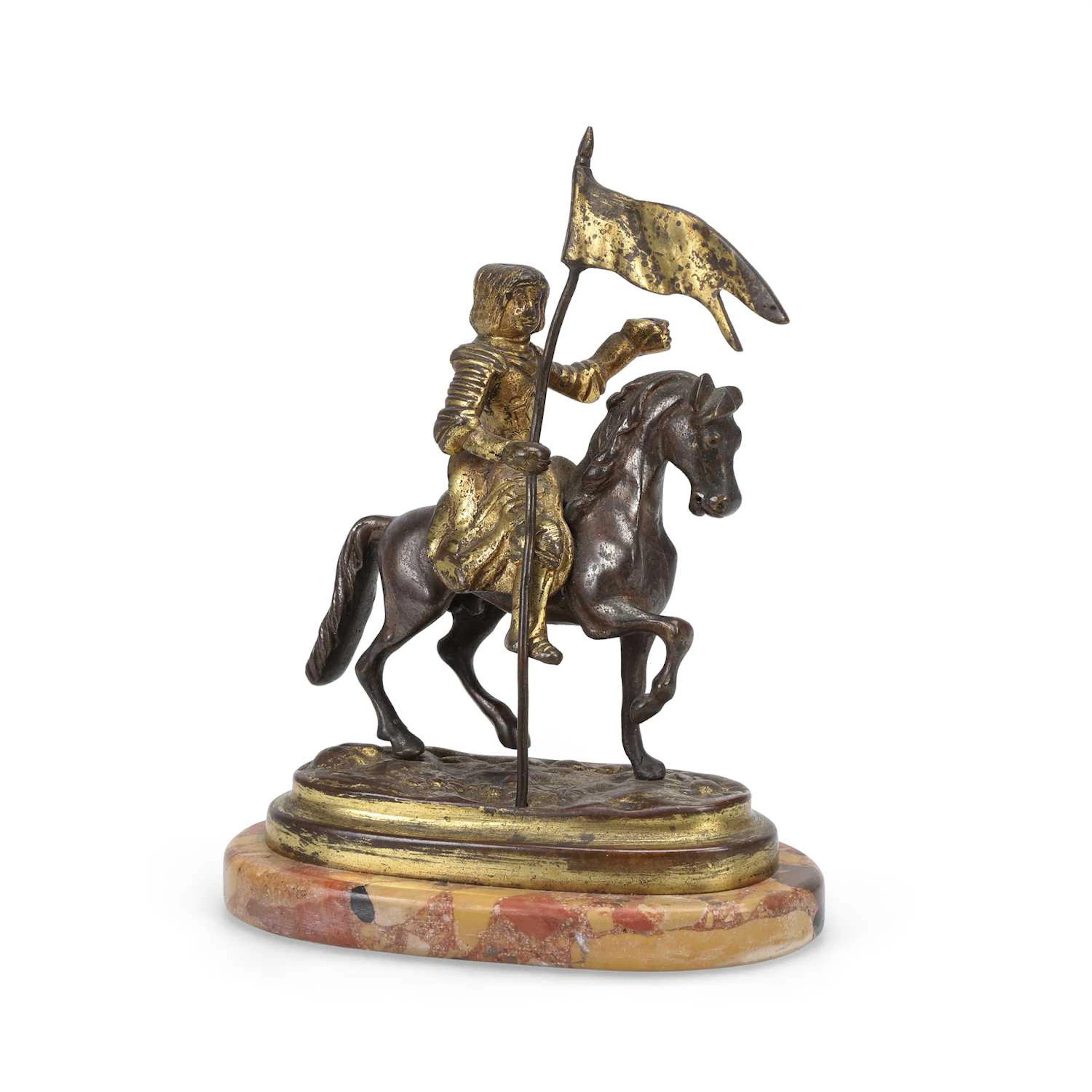 A GILT AND PATINATED BRONZE EQUESTRIAN FIGURE JOAN OF ARC